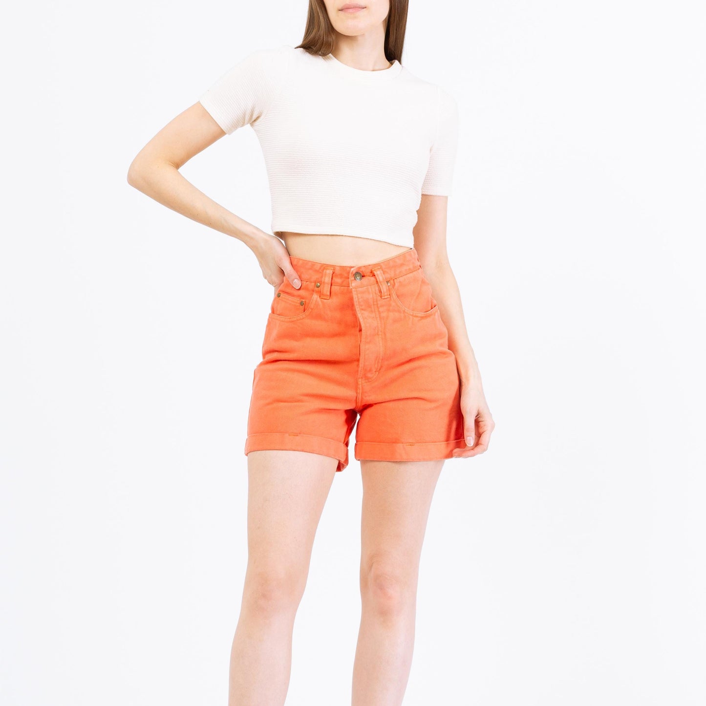Vintage 90s Peach Cuffed Jean Shorts - Extra Small, 25" | Orange Denim High Waisted Shorts, Summer Jean Shorts