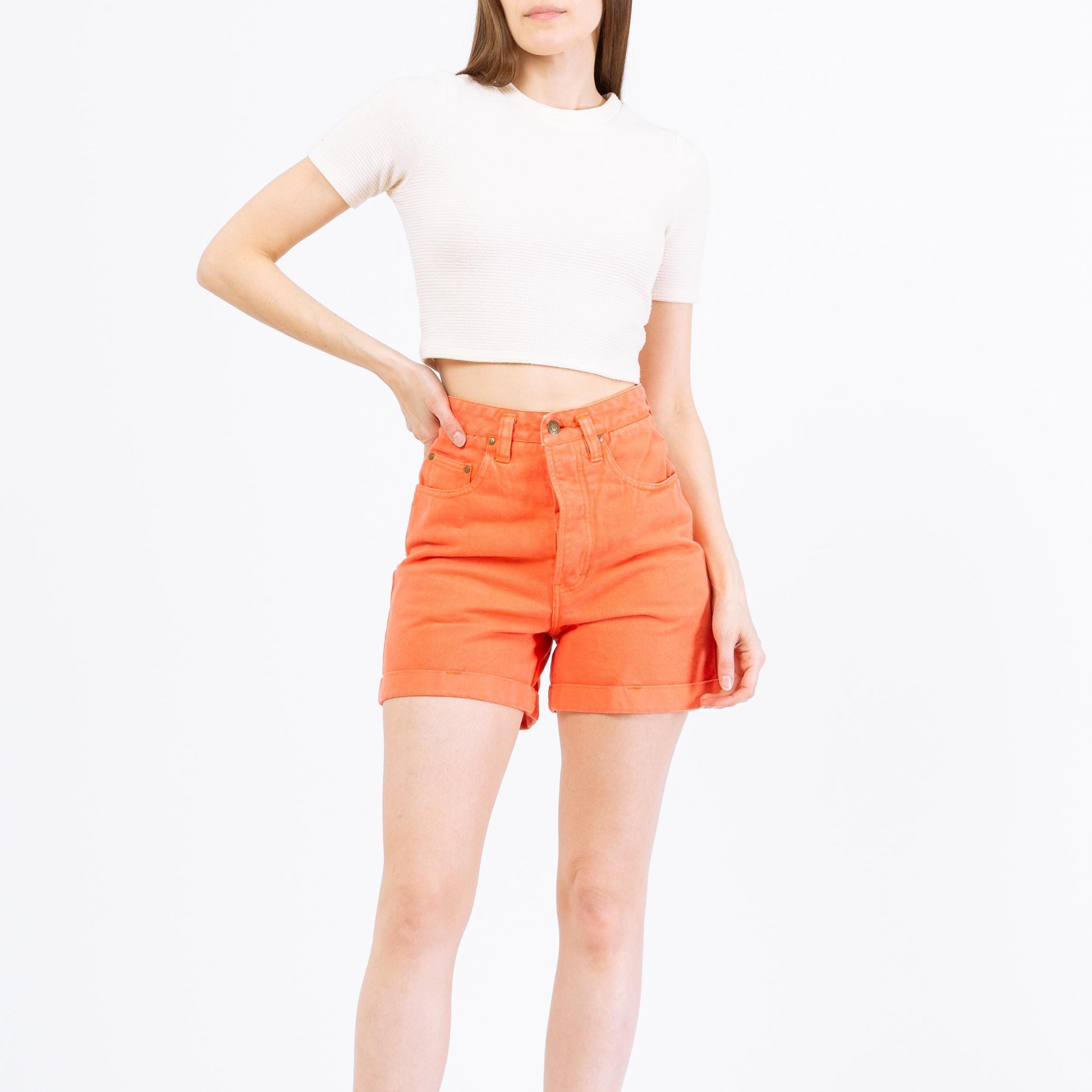 Vintage 90s Peach Cuffed Jean Shorts - Extra Small, 25" | Orange Denim High Waisted Shorts, Summer Jean Shorts