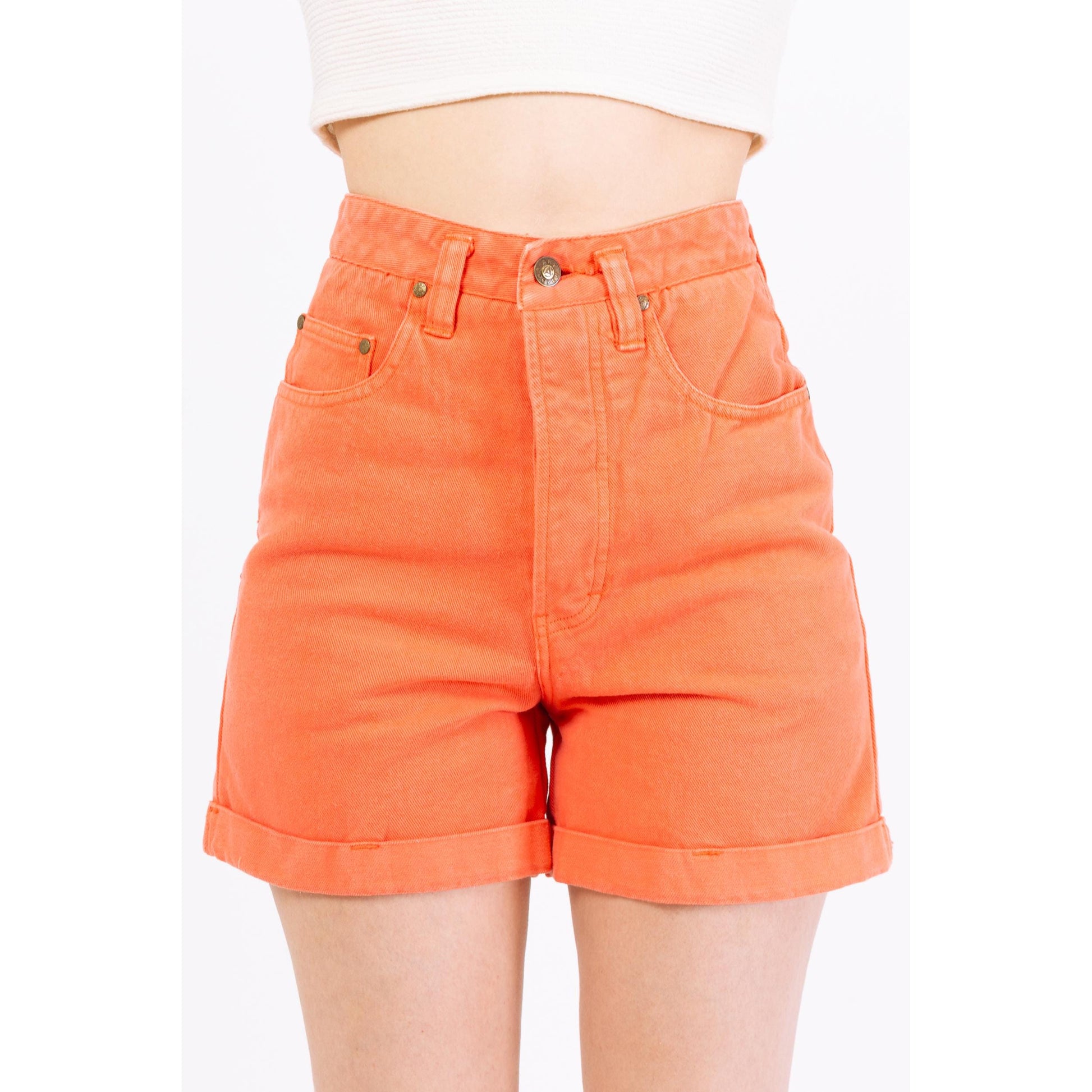 Vintage 90s Peach Cuffed Jean Shorts - Extra Small, 25" | Orange Denim High Waisted Shorts, Summer Jean Shorts