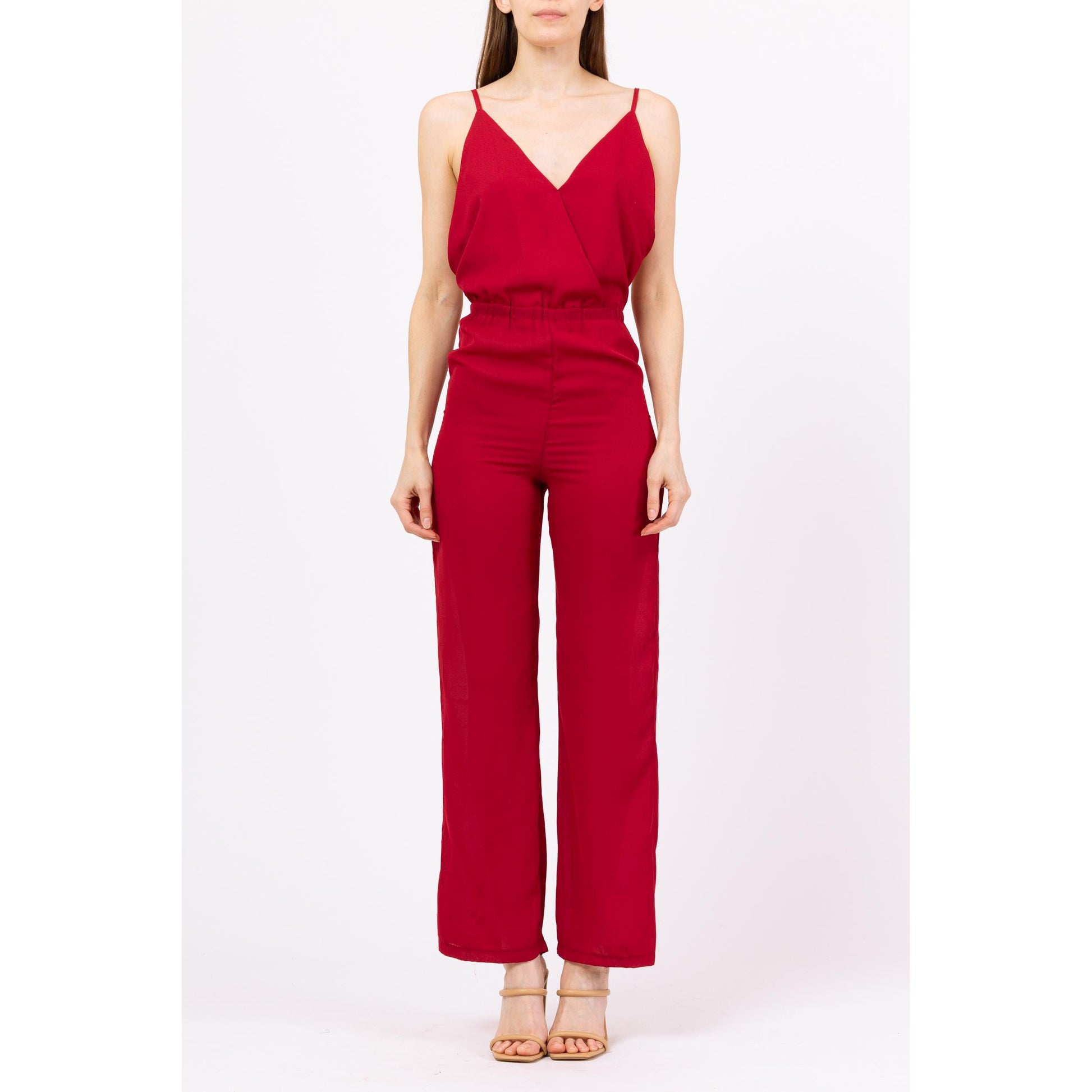 Vintage Y2K Raspberry Red Low Back Jumpsuit - Small | 2000s Sexy Low Back Pantsuit, Disco Style Party Outfit