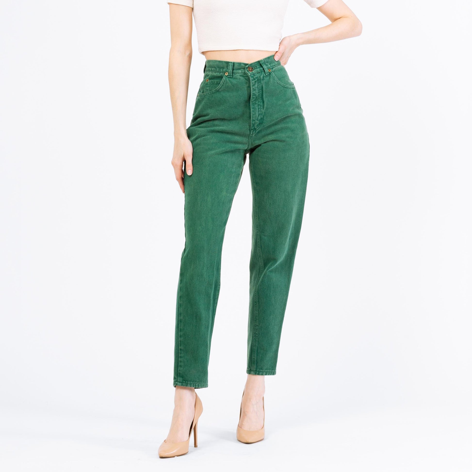 Vintage 80s Jade Green High Waisted Jeans - Extra Small, 24" Waist | High Rise Denim Tapered Leg Mom Jeans, Yoked Waist Jeans