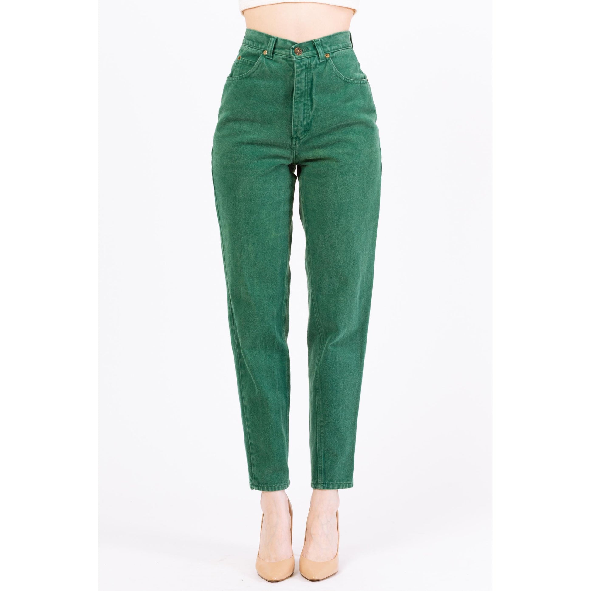 Vintage 80s Jade Green High Waisted Jeans - Extra Small, 24" Waist | High Rise Denim Tapered Leg Mom Jeans, Yoked Waist Jeans