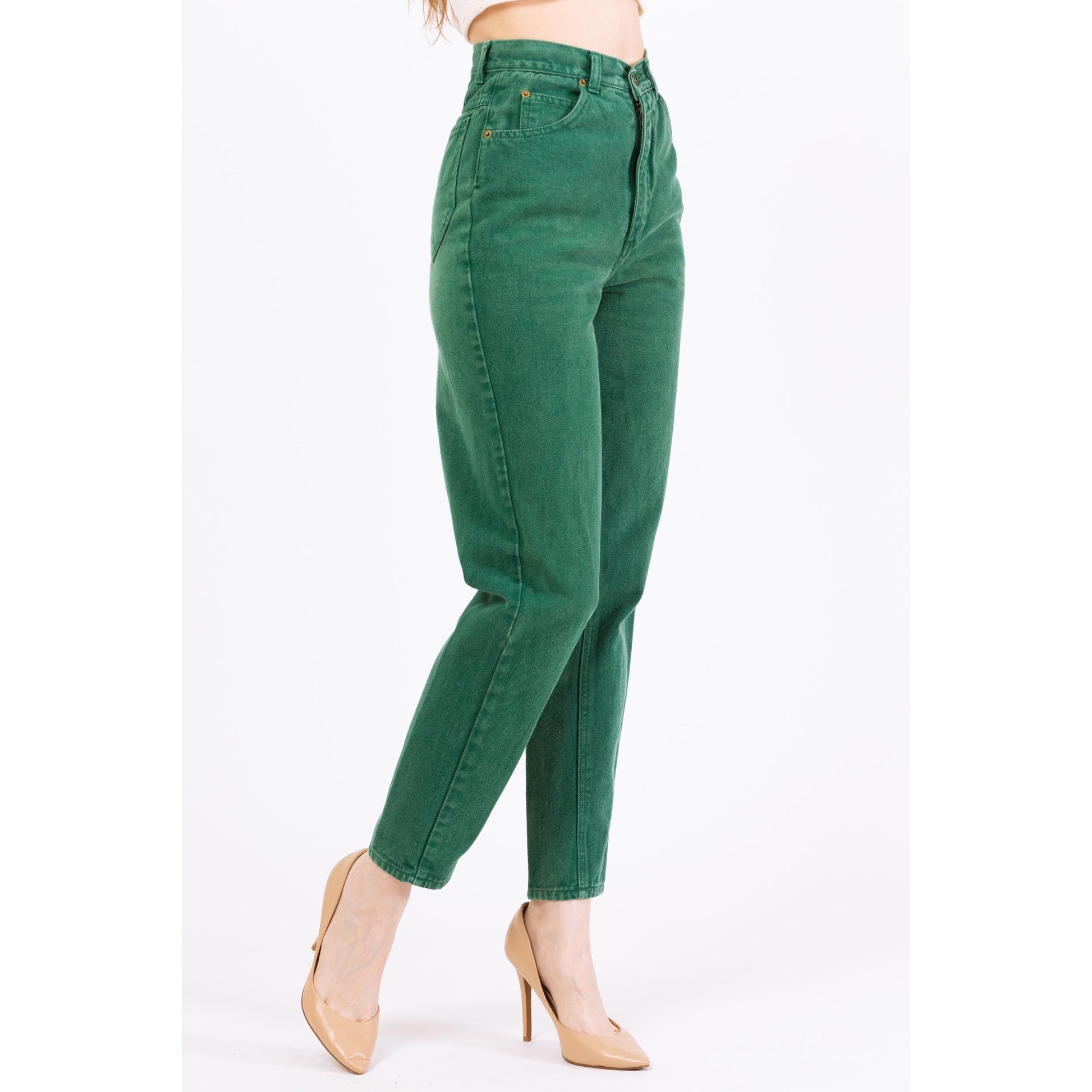 Vintage 80s Jade Green High Waisted Jeans - Extra Small, 24" Waist | High Rise Denim Tapered Leg Mom Jeans, Yoked Waist Jeans