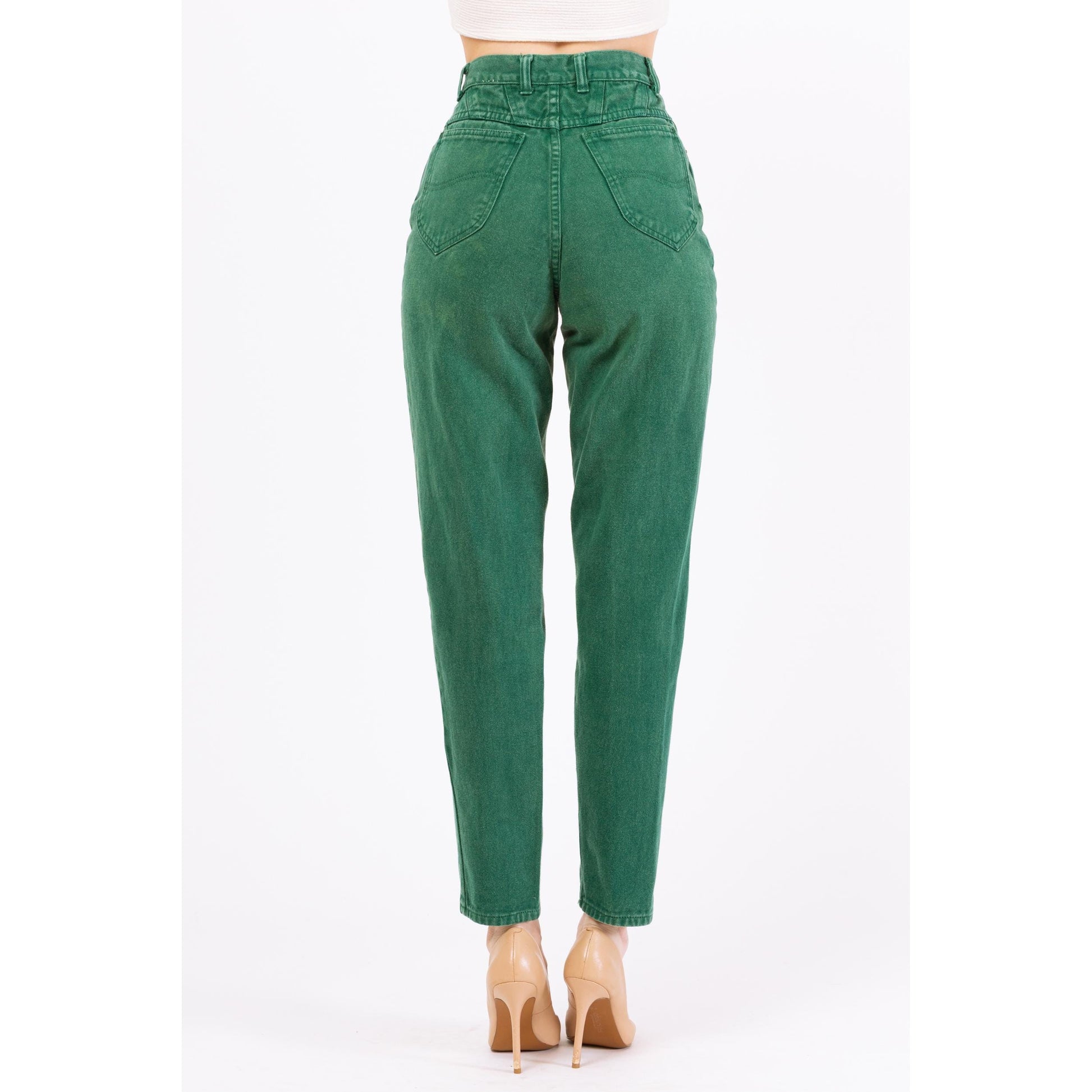 Vintage 80s Jade Green High Waisted Jeans - Extra Small, 24" Waist | High Rise Denim Tapered Leg Mom Jeans, Yoked Waist Jeans