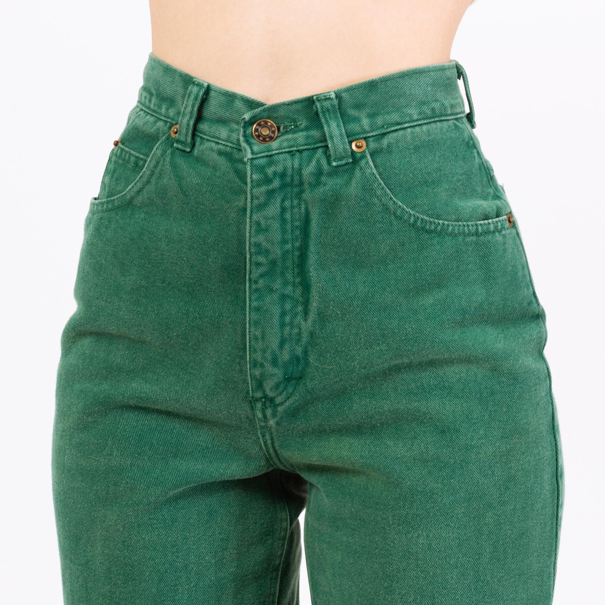 Vintage 80s Jade Green High Waisted Jeans - Extra Small, 24" Waist | High Rise Denim Tapered Leg Mom Jeans, Yoked Waist Jeans