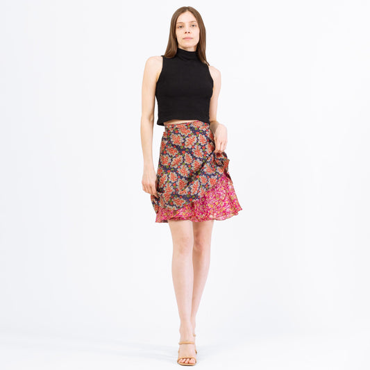 Vintage Boho Reversible Mini Wrap Skirt - One Size | Pink & Blue Bohemian High Waisted A Line Floral Hippie Summer Miniskirt
