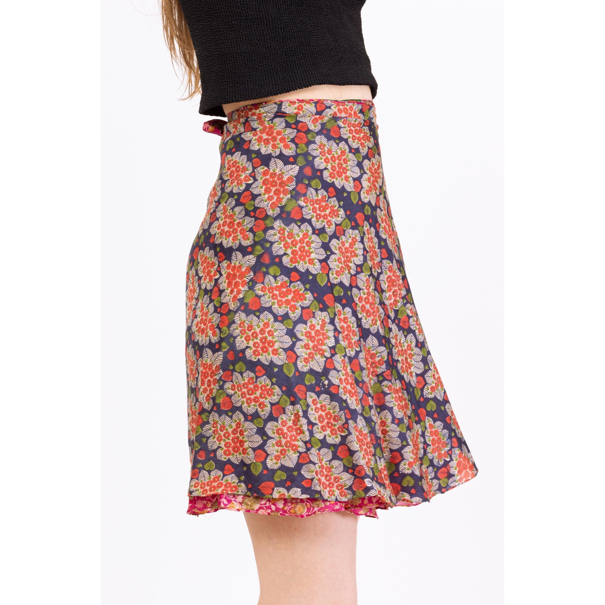 Vintage Boho Reversible Mini Wrap Skirt - One Size | Pink & Blue Bohemian High Waisted A Line Floral Hippie Summer Miniskirt