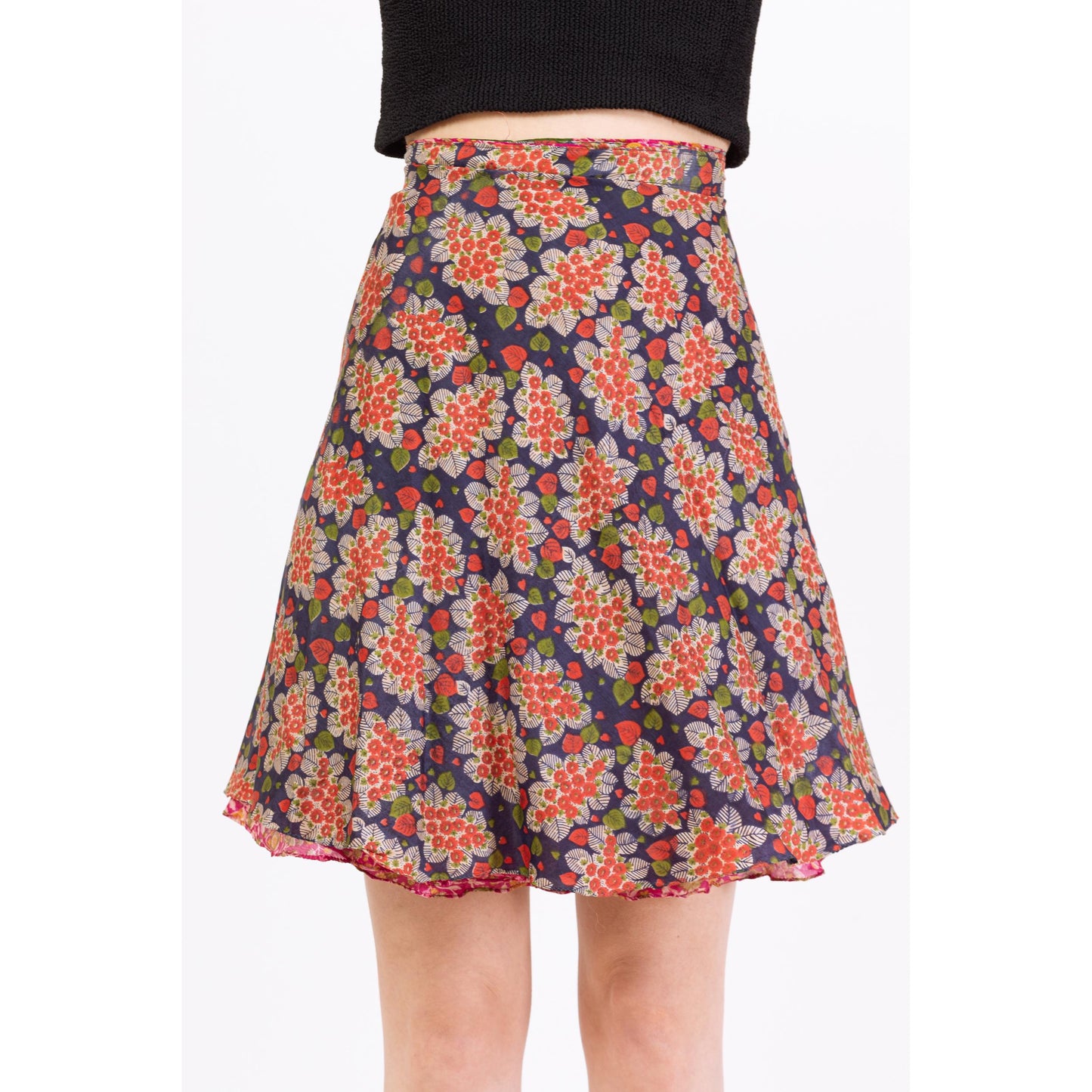 Vintage Boho Reversible Mini Wrap Skirt - One Size | Pink & Blue Bohemian High Waisted A Line Floral Hippie Summer Miniskirt
