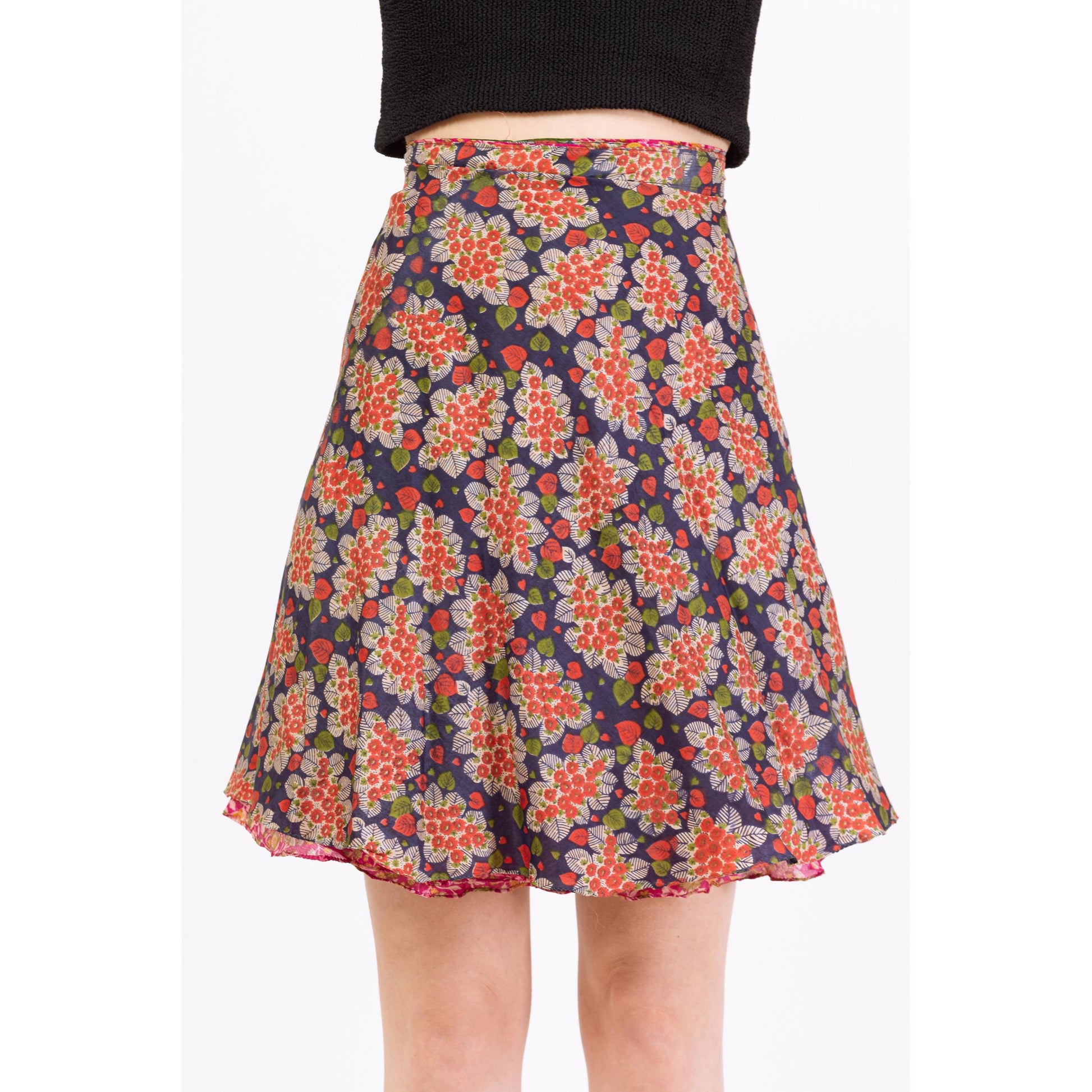Vintage Boho Reversible Mini Wrap Skirt - One Size | Pink & Blue Bohemian High Waisted A Line Floral Hippie Summer Miniskirt