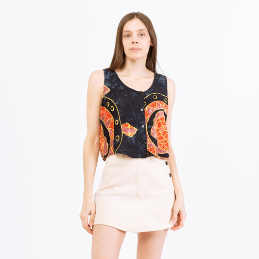 Vintage 90s Batik Turtle Print Crop Top - Medium | Navy Blue & Orange Boho Sleeveless Button Front Cropped Tank