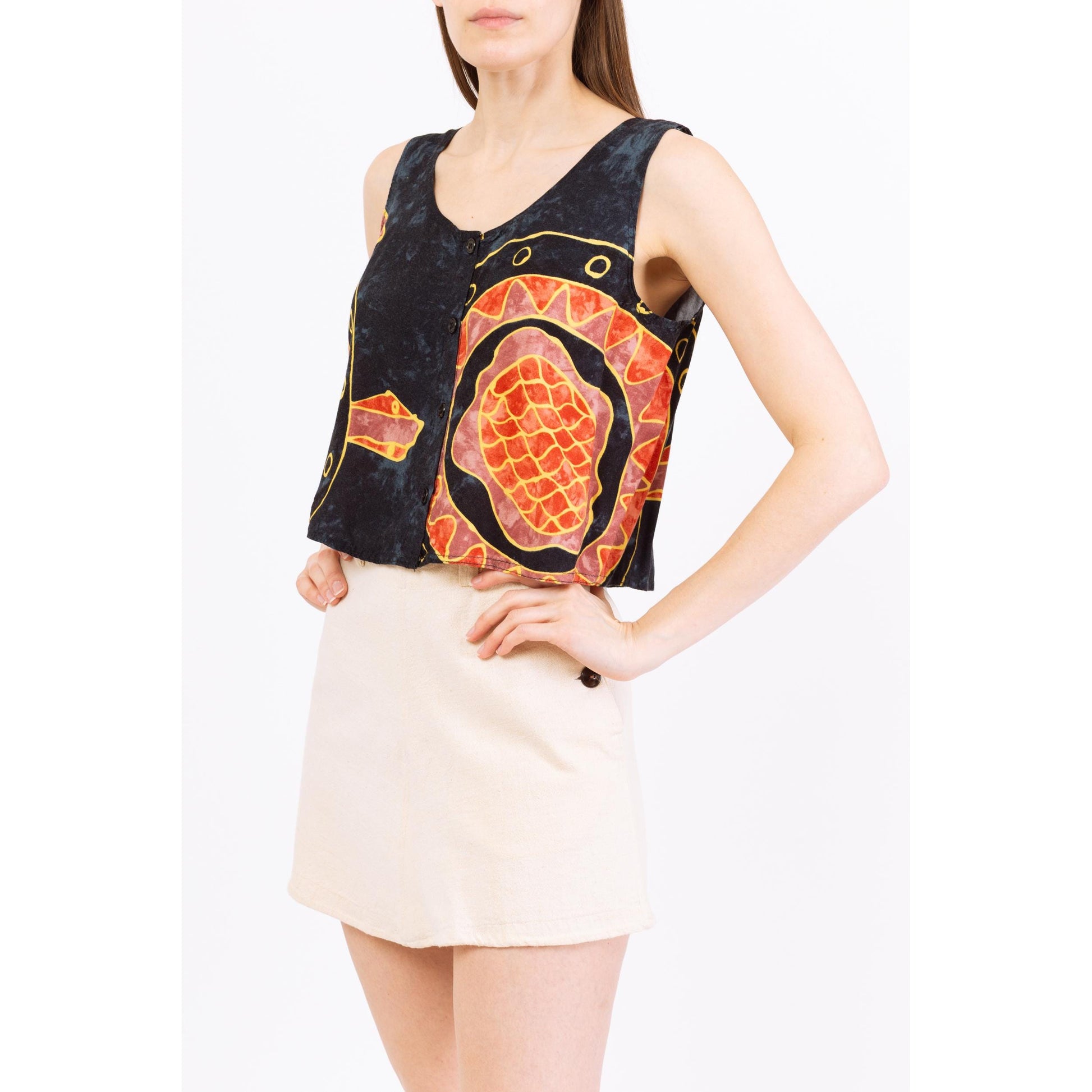 Vintage 90s Batik Turtle Print Crop Top - Medium | Navy Blue & Orange Boho Sleeveless Button Front Cropped Tank