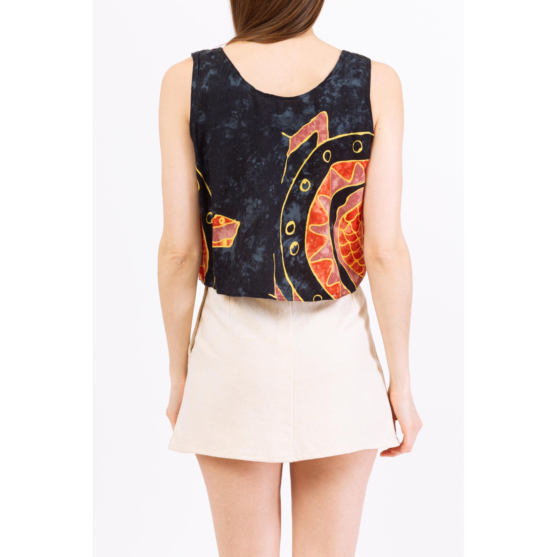 Vintage 90s Batik Turtle Print Crop Top - Medium | Navy Blue & Orange Boho Sleeveless Button Front Cropped Tank