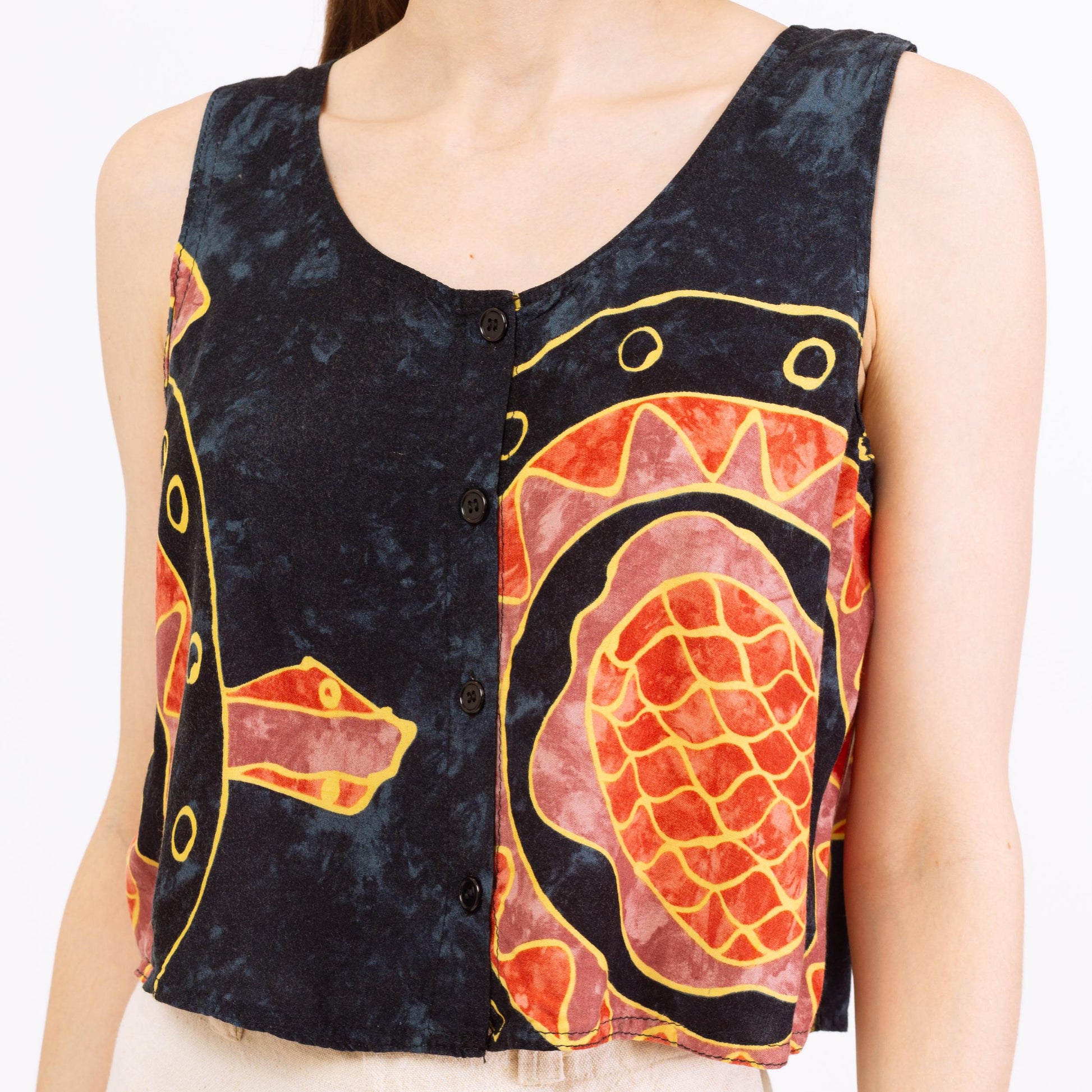 Vintage 90s Batik Turtle Print Crop Top - Medium | Navy Blue & Orange Boho Sleeveless Button Front Cropped Tank