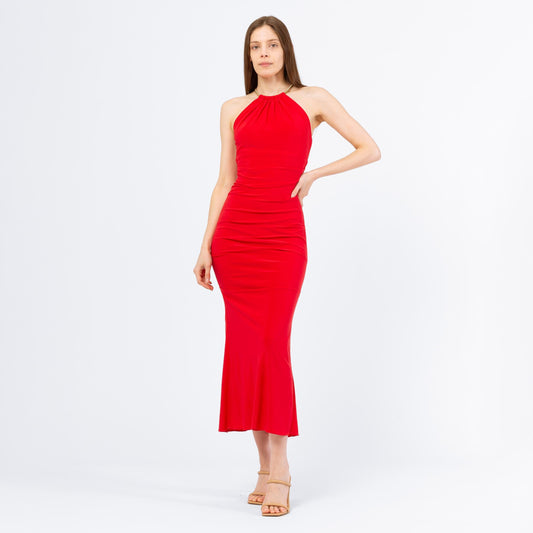 Vintage 90s Y2K Cache Red Gold Chain Collar Bodycon Maxi Dress - Extra Small | Racerback Choker Neck Evening Gown, Sexy Formal Party Dress