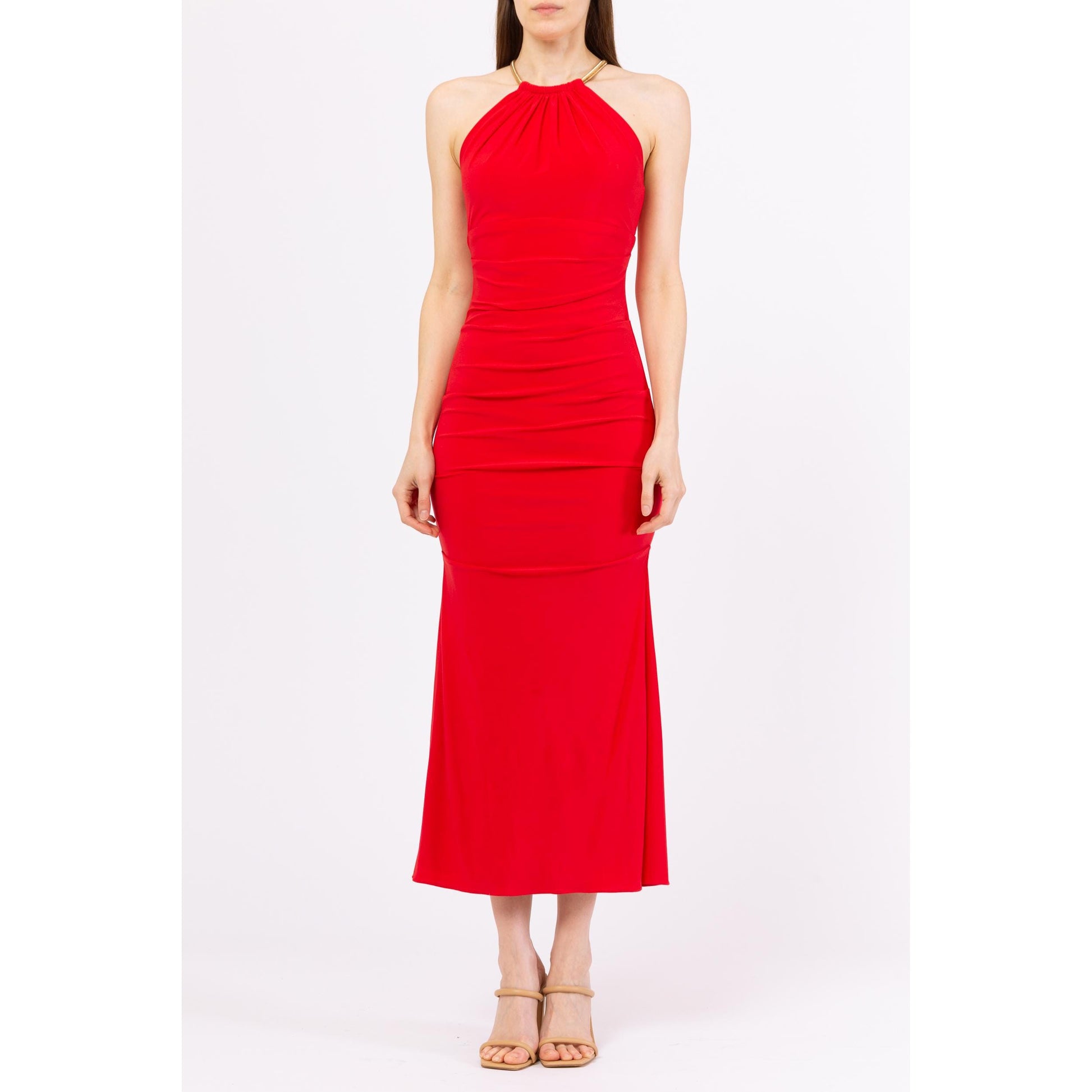 Vintage 90s Y2K Cache Red Gold Chain Collar Bodycon Maxi Dress - Extra Small | Racerback Choker Neck Evening Gown, Sexy Formal Party Dress