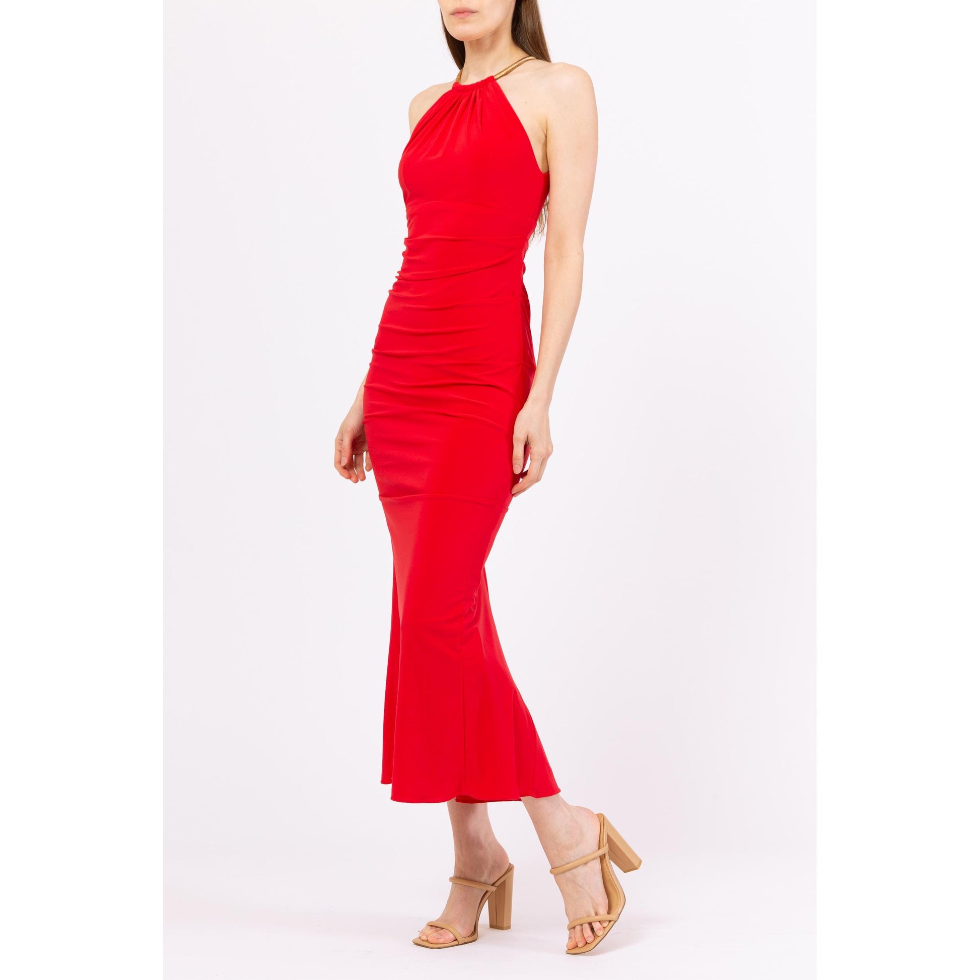 Vintage 90s Y2K Cache Red Gold Chain Collar Bodycon Maxi Dress - Extra Small | Racerback Choker Neck Evening Gown, Sexy Formal Party Dress