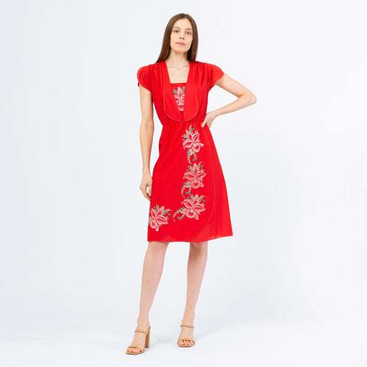 Vintage 70s Red Hibiscus Floral Midi Dress - Extra Small | Boho Flutter Sleeve Boho Summer Sundress, Disco Wrap Dress