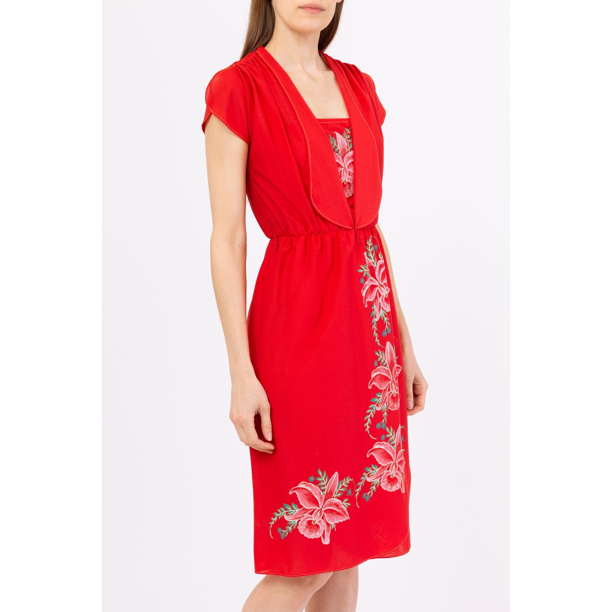 Vintage 70s Red Hibiscus Floral Midi Dress - Extra Small | Boho Flutter Sleeve Boho Summer Sundress, Disco Wrap Dress