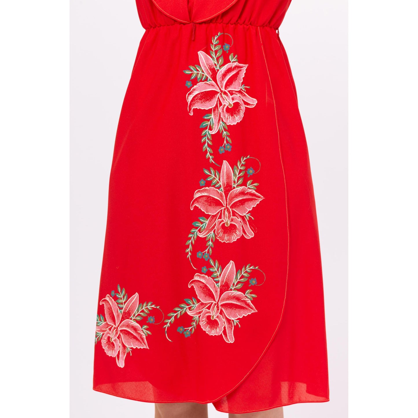 Vintage 70s Red Hibiscus Floral Midi Dress - Extra Small | Boho Flutter Sleeve Boho Summer Sundress, Disco Wrap Dress