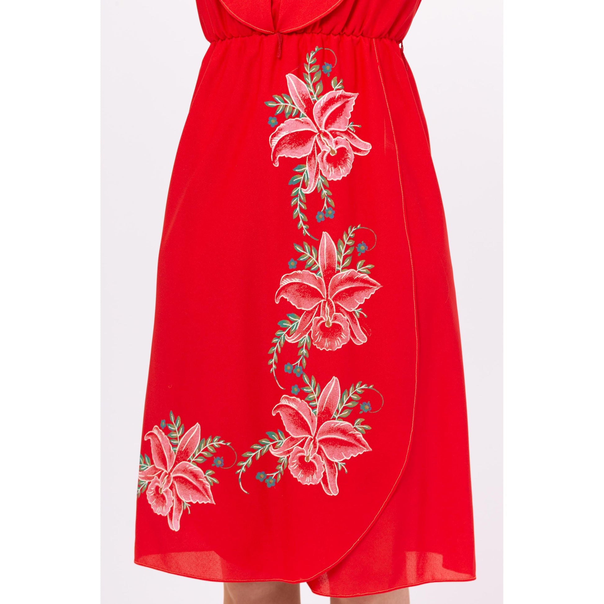 Vintage 70s Red Hibiscus Floral Midi Dress - Extra Small | Boho Flutter Sleeve Boho Summer Sundress, Disco Wrap Dress