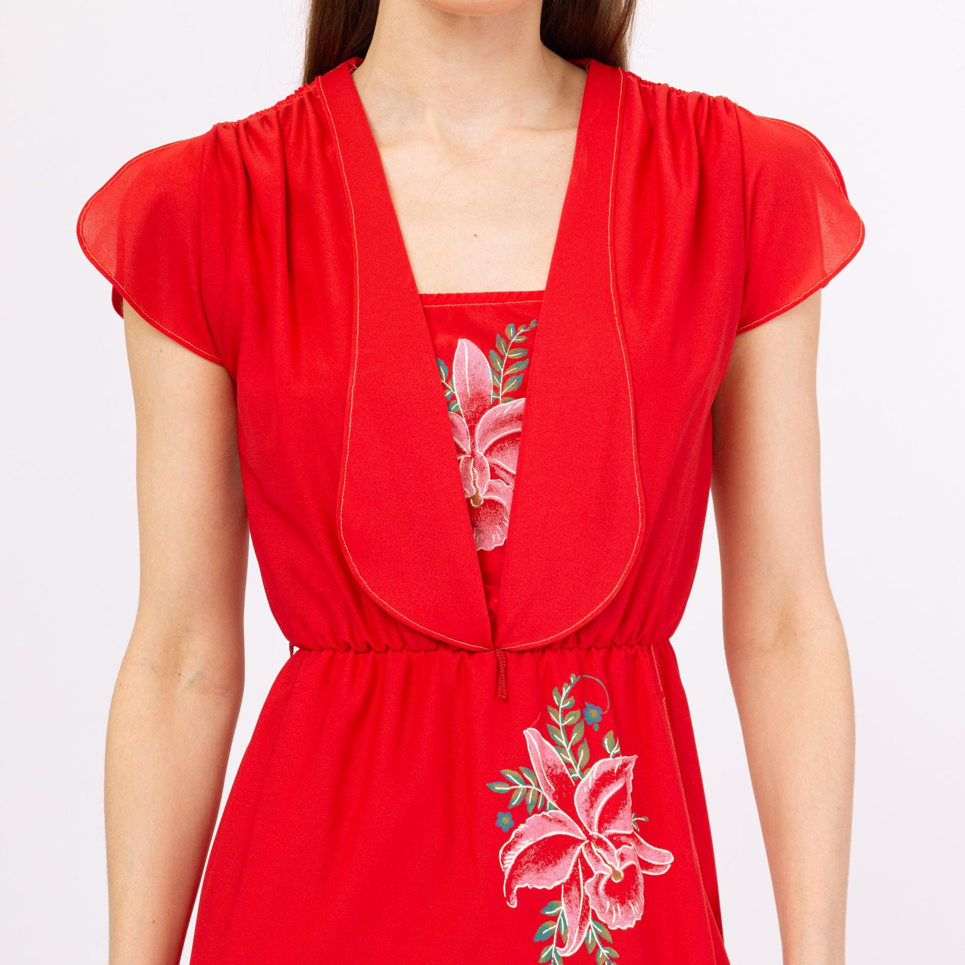 Vintage 70s Red Hibiscus Floral Midi Dress - Extra Small | Boho Flutter Sleeve Boho Summer Sundress, Disco Wrap Dress