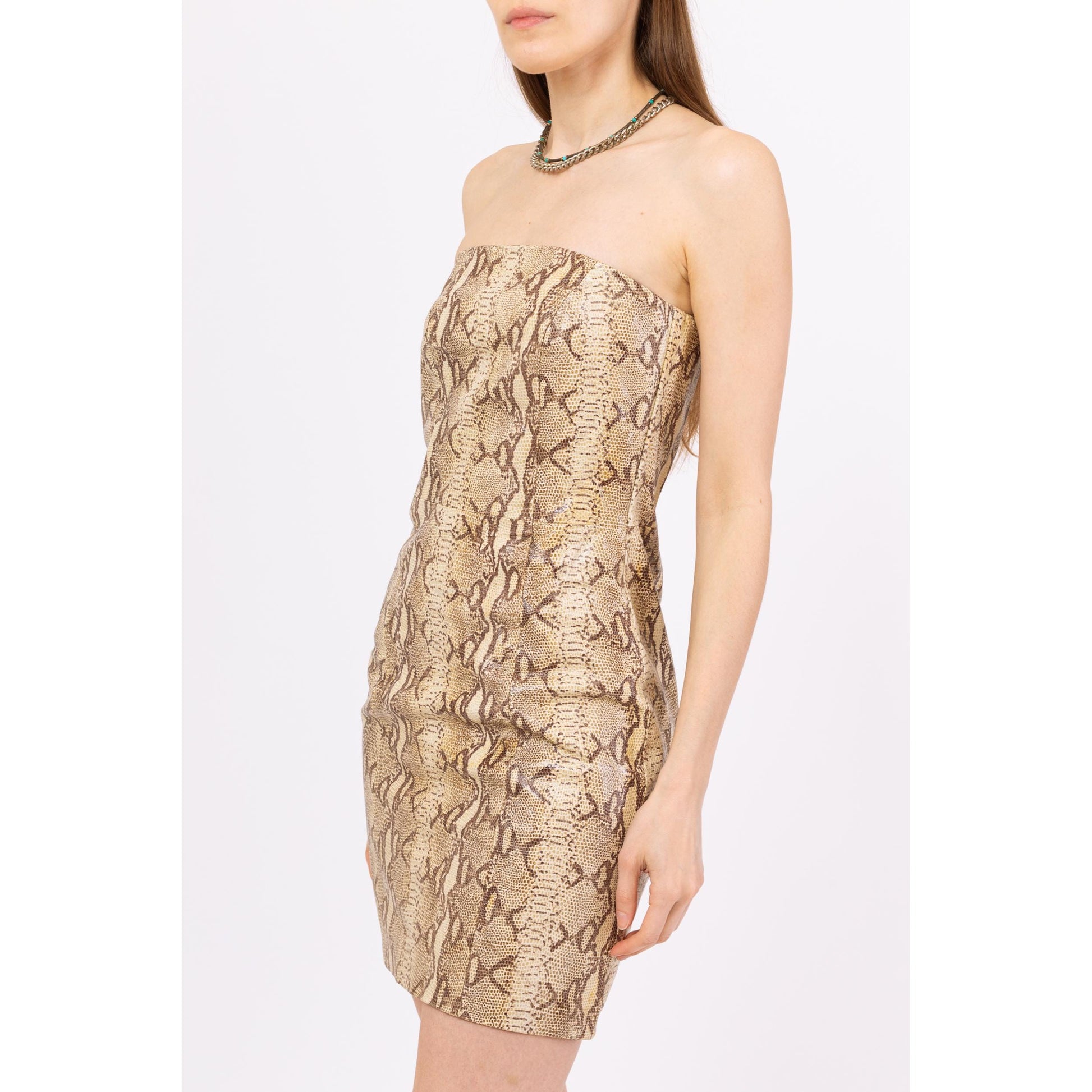 Vintage Y2K Hugo Buscati Snakeskin Leather Mini Dress - Small, Size 4 | Strapless Cocktail Dress, Sexy 2000s Bodycon Club Dress