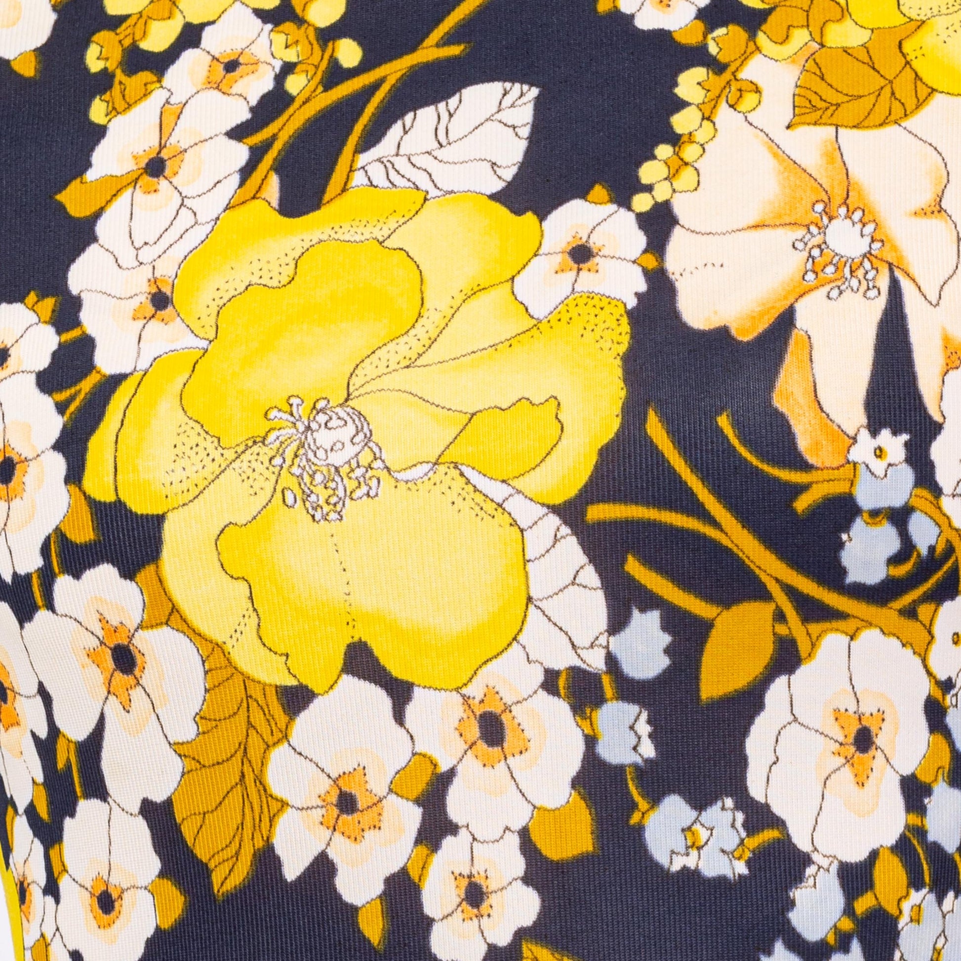 Vintage 70s Floral Long Sleeve Bodysuit Top - Extra Small | Retro Mockneck Blouse, Navy Blue & Yellow One Piece Disco Shirt