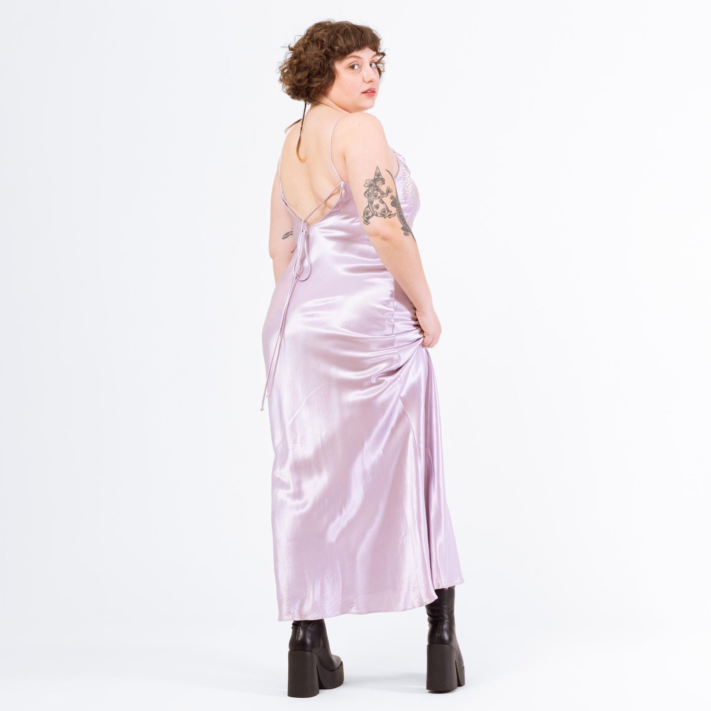 Vintage Y2K Lavender Satin Beaded Spaghetti Strap Maxi Dress - Large | Cowl Neck Bias Cut Slip Gown, Prom Night, Formal Event