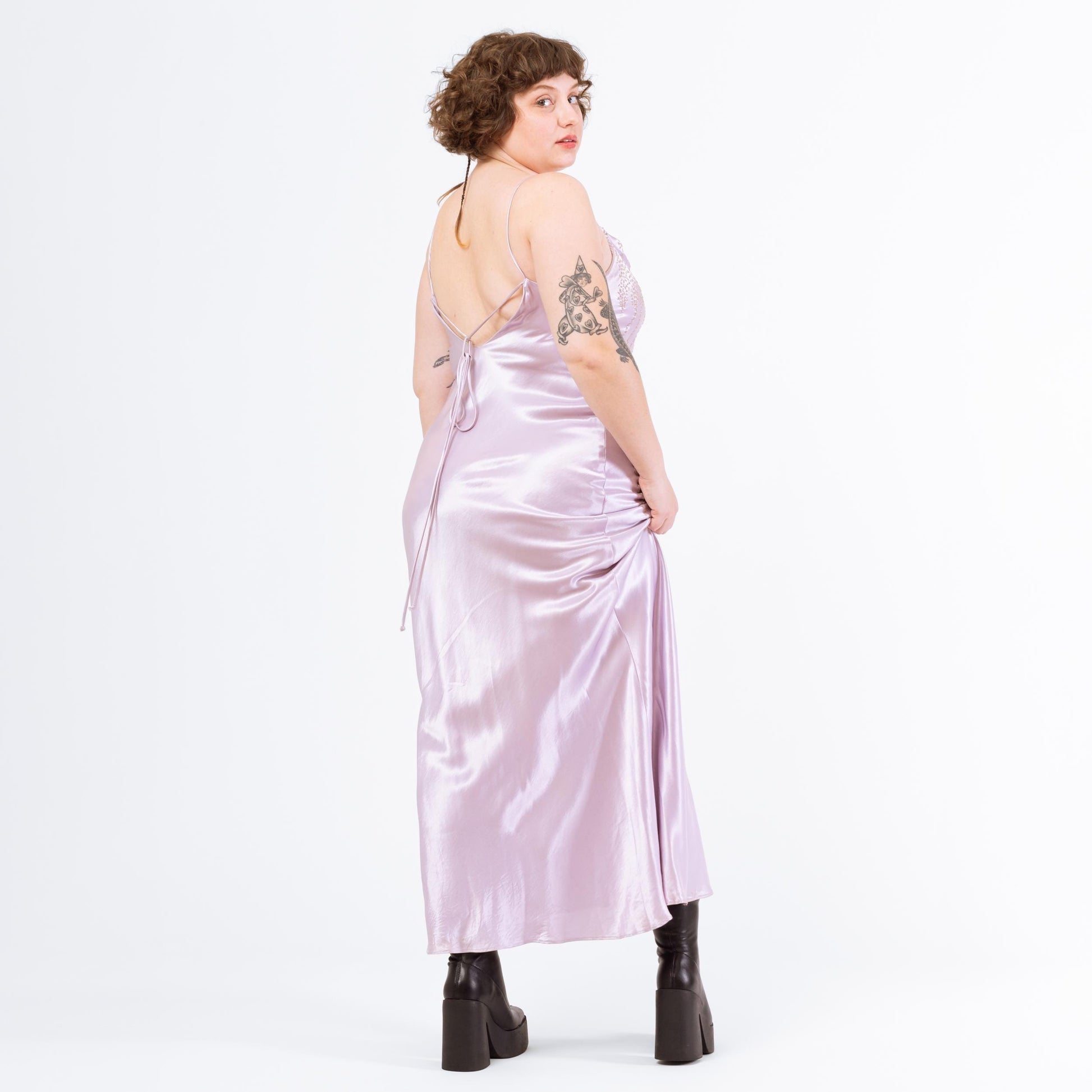 Vintage Y2K Lavender Satin Beaded Spaghetti Strap Maxi Dress - Large | Cowl Neck Bias Cut Slip Gown, Prom Night, Formal Event