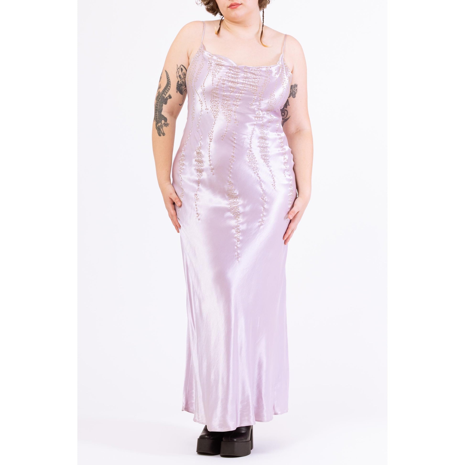 Vintage Y2K Lavender Satin Beaded Spaghetti Strap Maxi Dress - Large | Cowl Neck Bias Cut Slip Gown, Prom Night, Formal Event