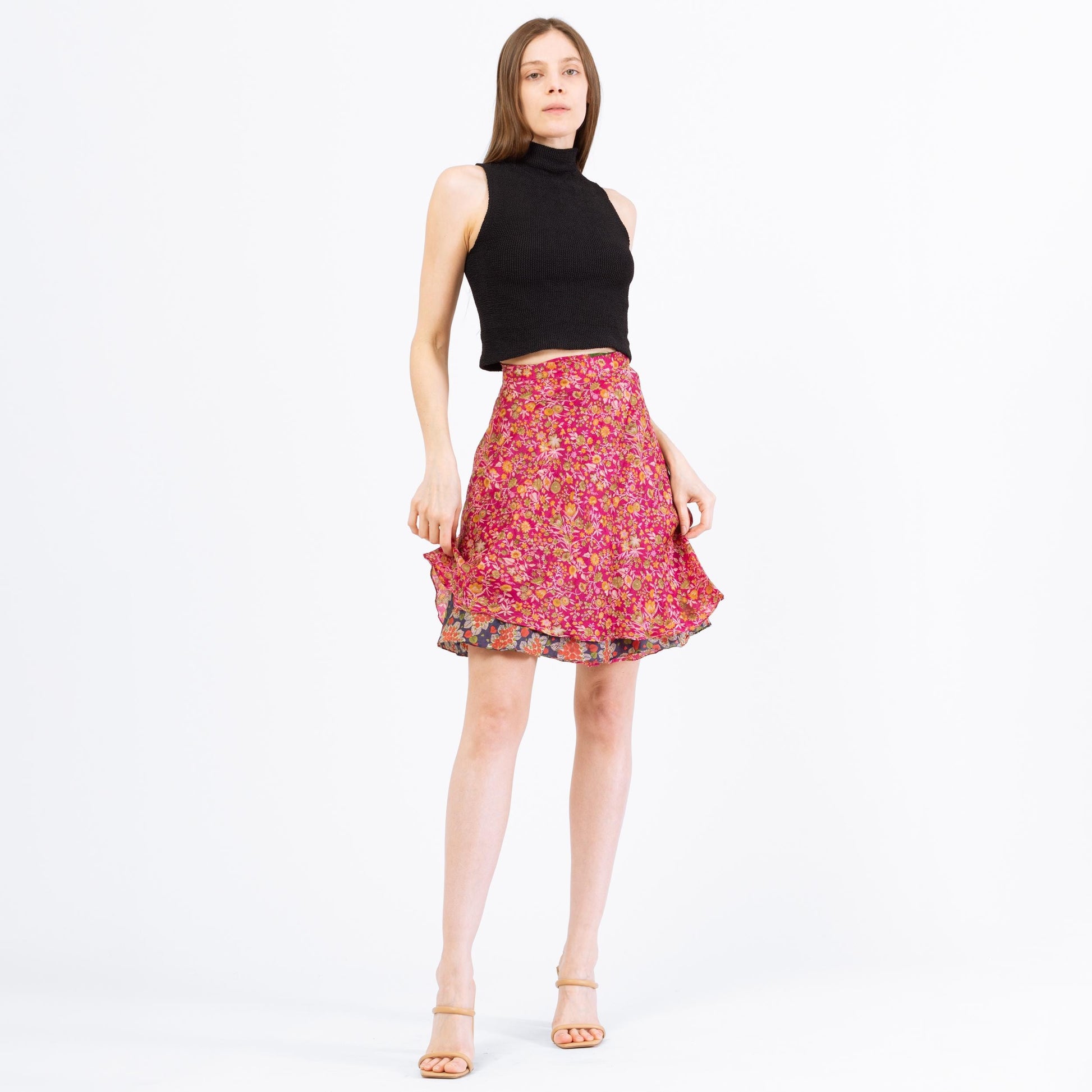 Vintage Boho Reversible Mini Wrap Skirt - One Size | Pink & Blue Bohemian High Waisted A Line Floral Hippie Summer Miniskirt