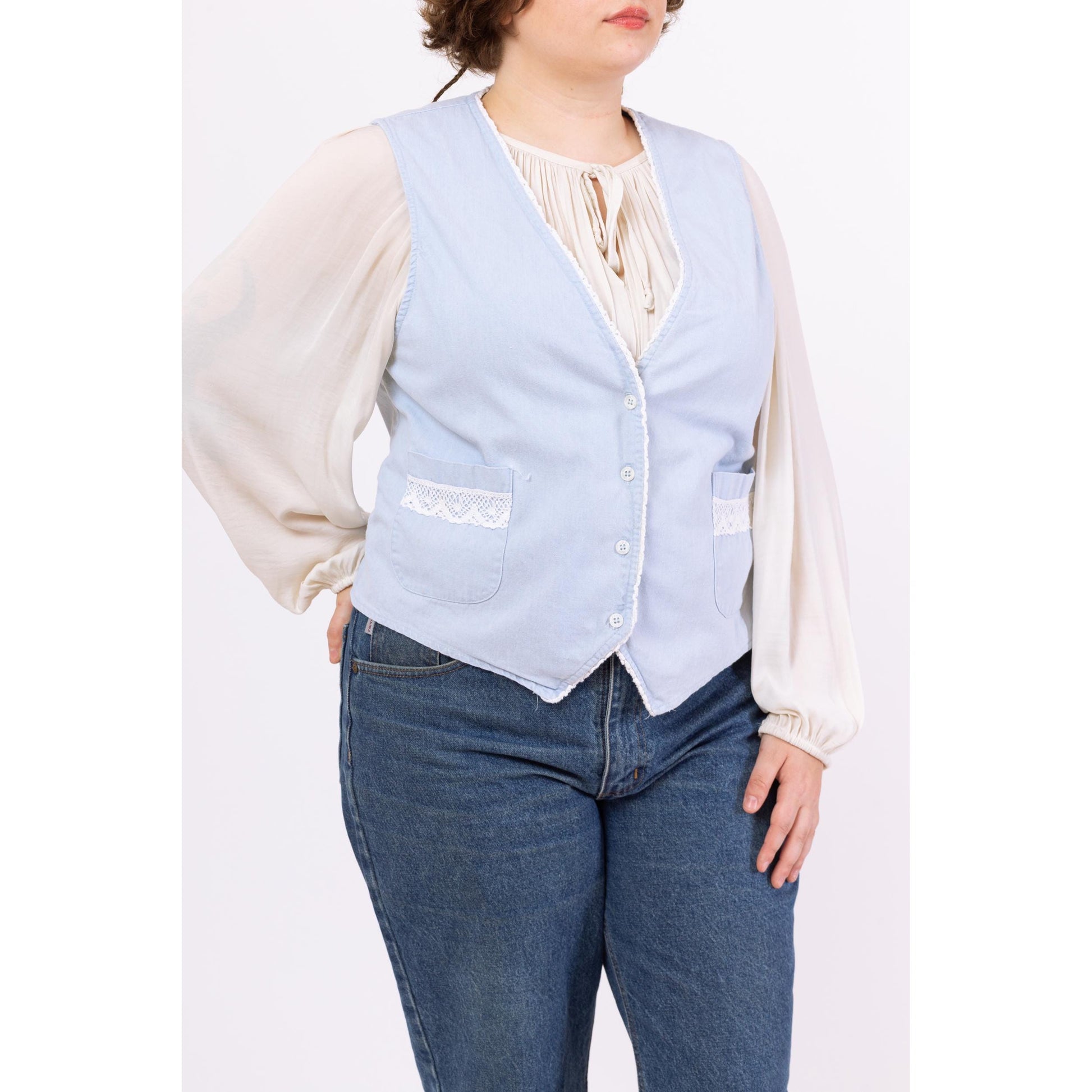 Vintage 80s Blue Chambray Crochet Trim Vest - Large | Fitted Cottagecore Prairie Layering Top, Soft Cotton Vest