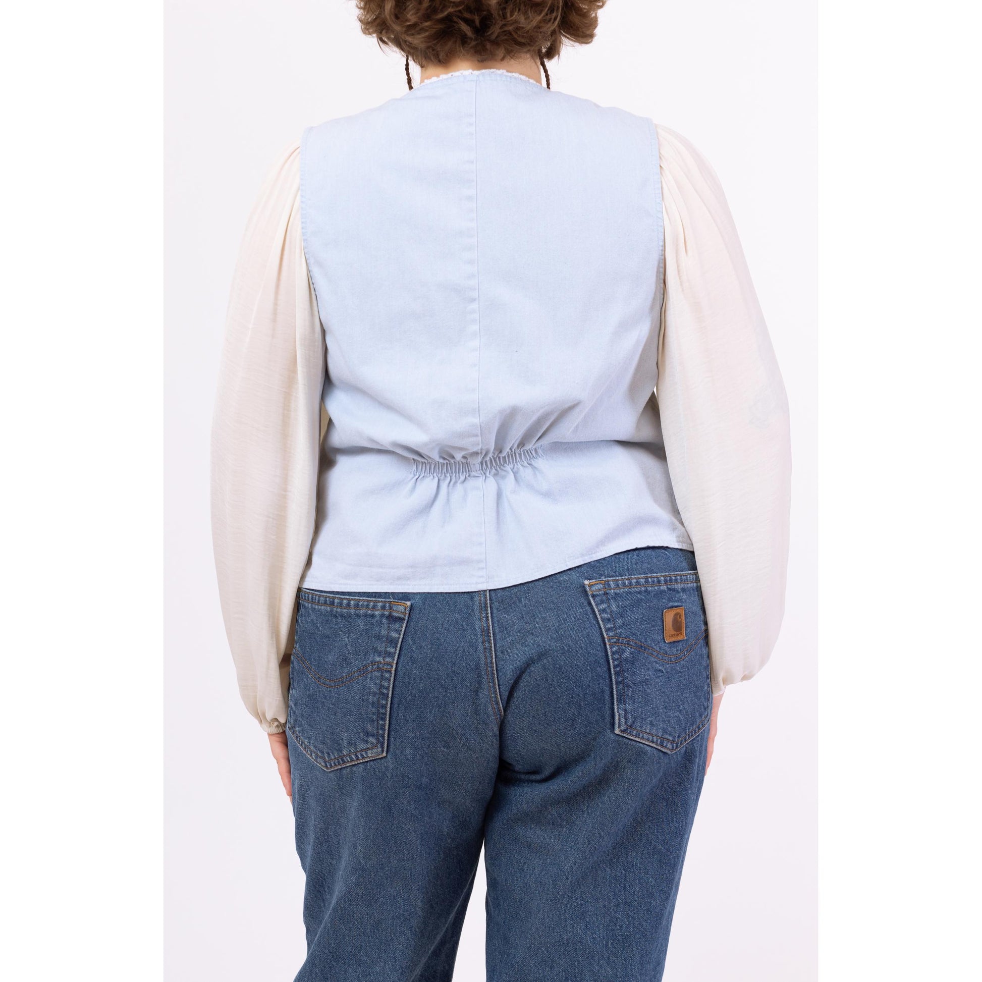 Vintage 80s Blue Chambray Crochet Trim Vest - Large | Fitted Cottagecore Prairie Layering Top, Soft Cotton Vest