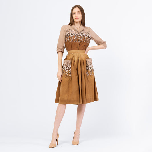 Vintage 1950s Brown Floral Patio Blouse & Skirt Set - Extra Small | 50s Square Dance Fiesta Dress, Cottagecore Western Prairie Outfit