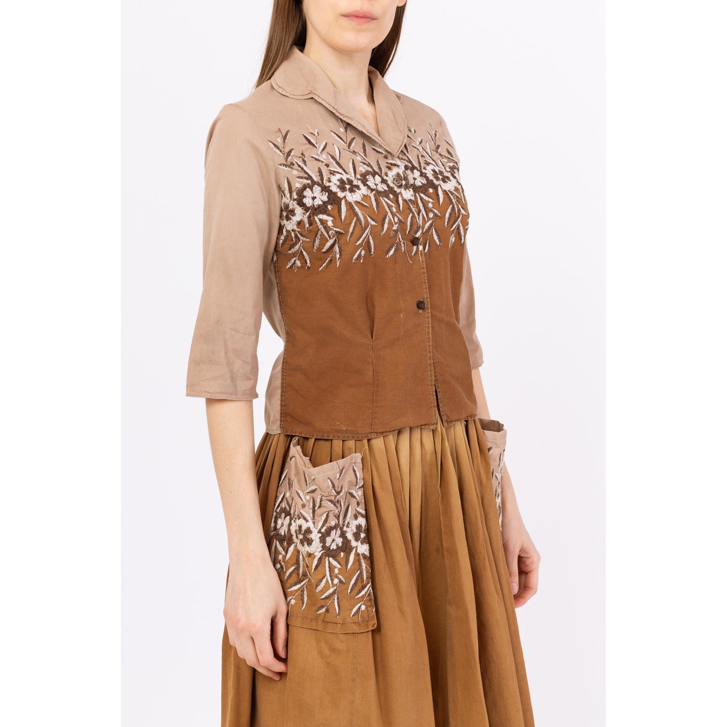 Vintage 1950s Brown Floral Patio Blouse & Skirt Set - Extra Small | 50s Square Dance Fiesta Dress, Cottagecore Western Prairie Outfit