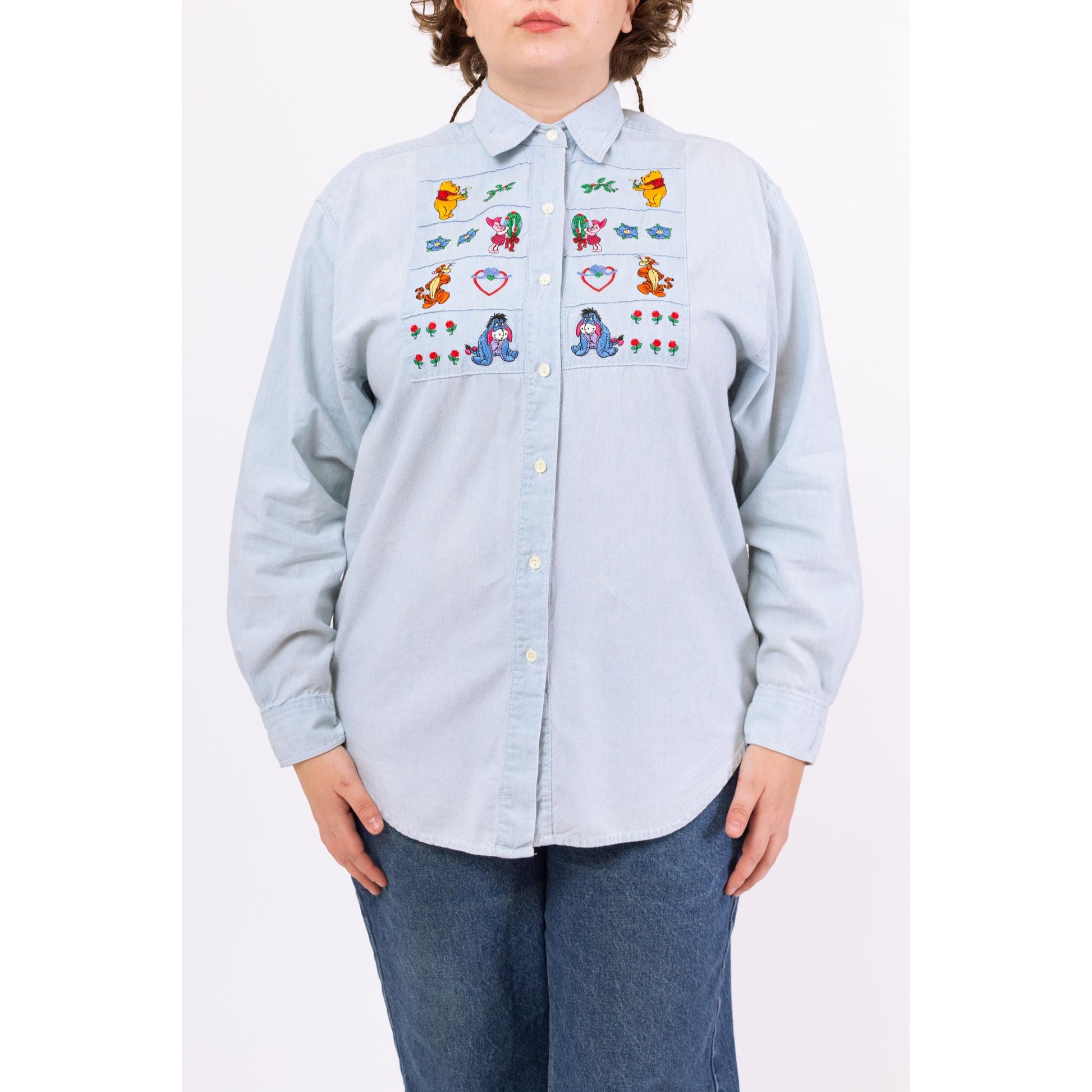 Vintage 90s Winnie the Pooh Chambray Shirt - Large | Disney Embroidered Button Down Piglet Tigger Eeyore Characters Top