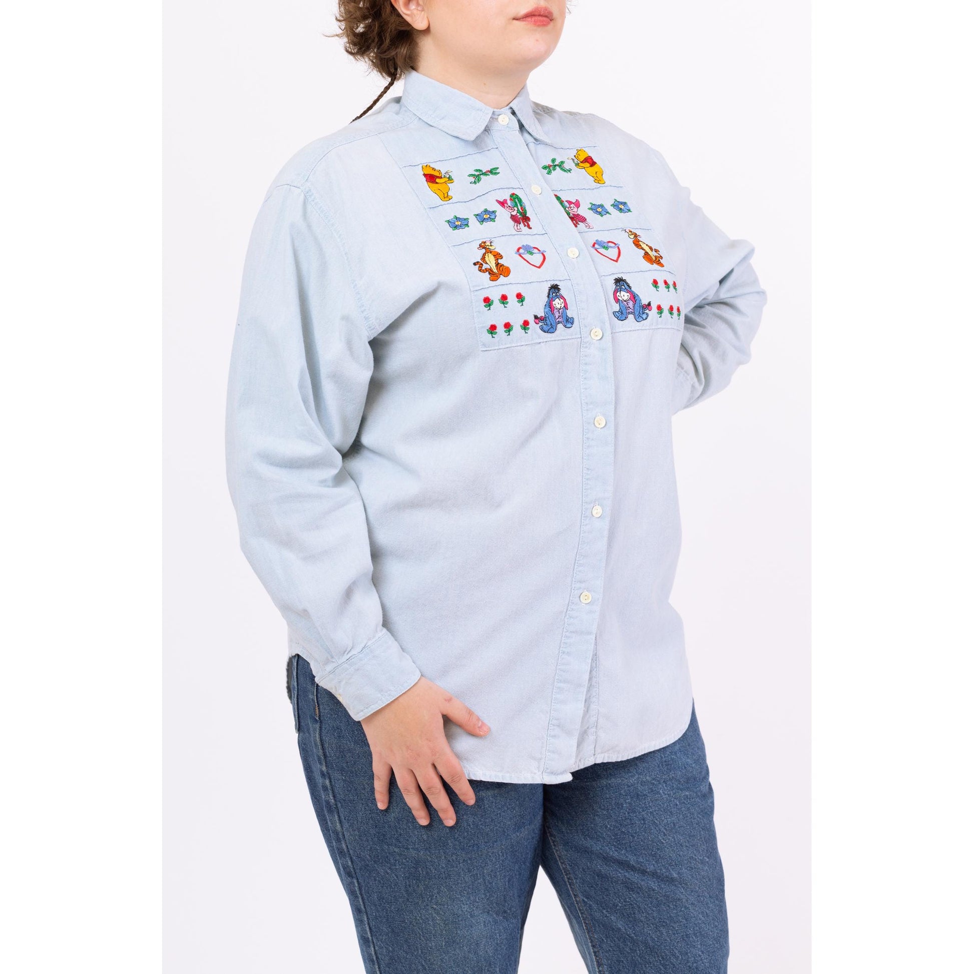 Vintage 90s Winnie the Pooh Chambray Shirt - Large | Disney Embroidered Button Down Piglet Tigger Eeyore Characters Top