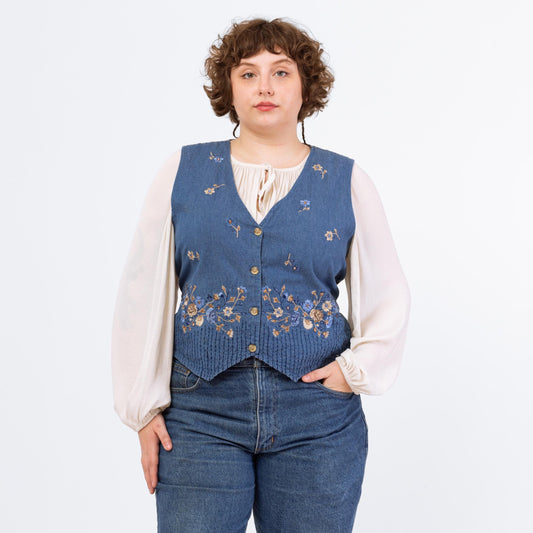 Vintage 90s Denim Floral Embroidered Vest - Extra Large | Gingham Back Cottagecore Waistcoat, Festival Layering Top