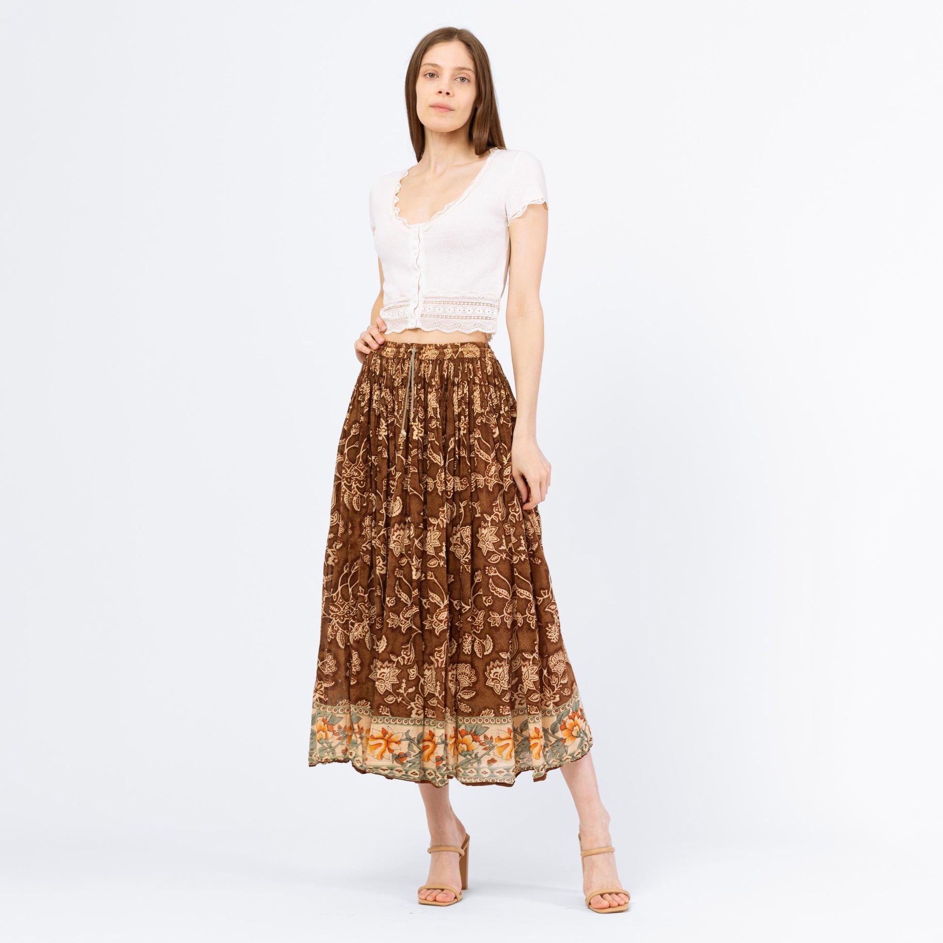 Vintage 90s Boho Brown Floral Midi Broomstick Skirt – Medium | Flowy Hippie Grunge Skirt, Cottagecore Witchy Summer Festival Outfit