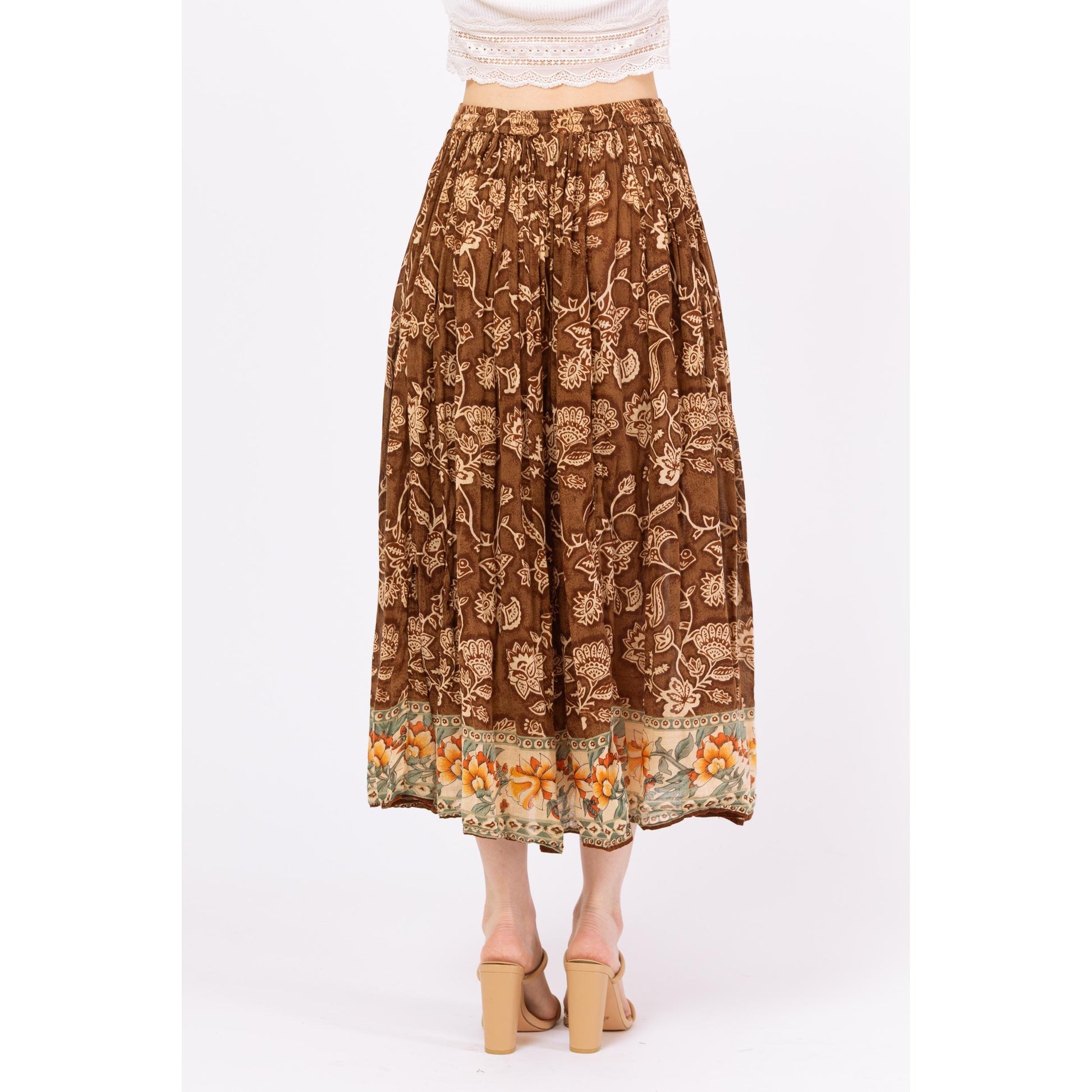 Vintage 90s Boho Brown Floral Midi Broomstick Skirt – Medium | Flowy Hippie Grunge Skirt, Cottagecore Witchy Summer Festival Outfit