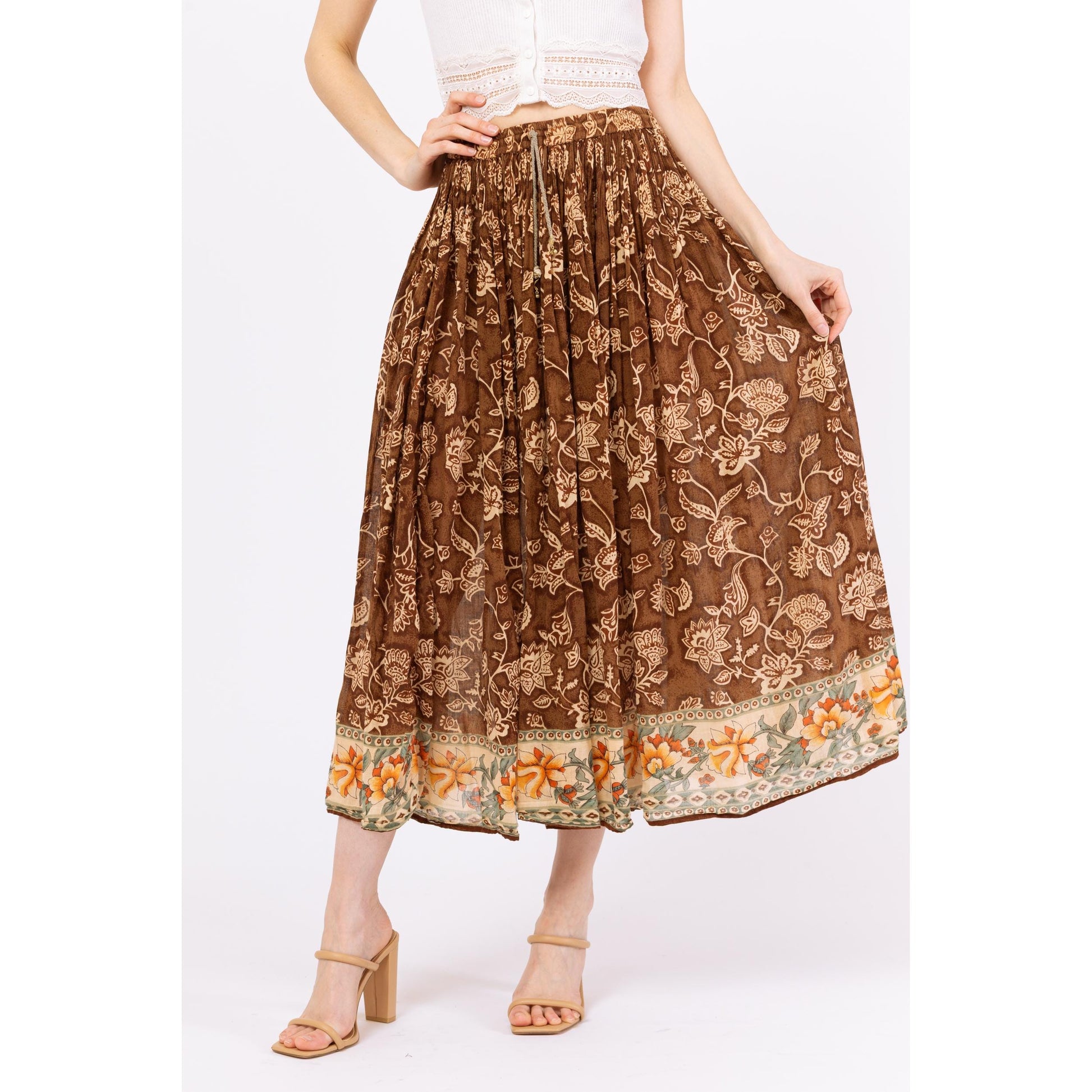 Vintage 90s Boho Brown Floral Midi Broomstick Skirt – Medium | Flowy Hippie Grunge Skirt, Cottagecore Witchy Summer Festival Outfit