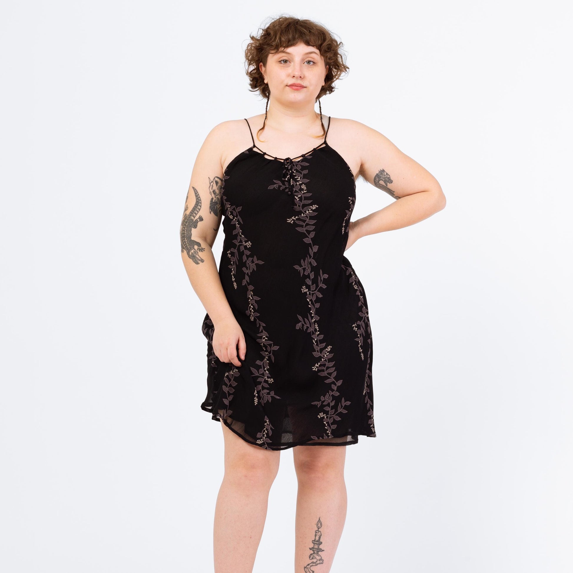 Vintage 90s Black Vine Print Bias Cut Cocktail Dress - Large | Boho Cage Neck Spaghetti Strap Midi, Y2K Party Outfit