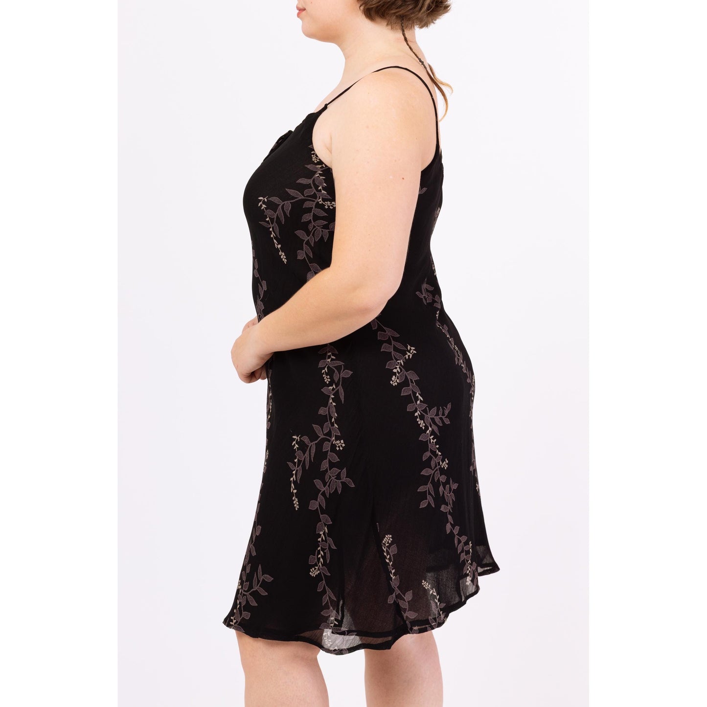 Vintage 90s Black Vine Print Bias Cut Cocktail Dress - Large | Boho Cage Neck Spaghetti Strap Midi, Y2K Party Outfit