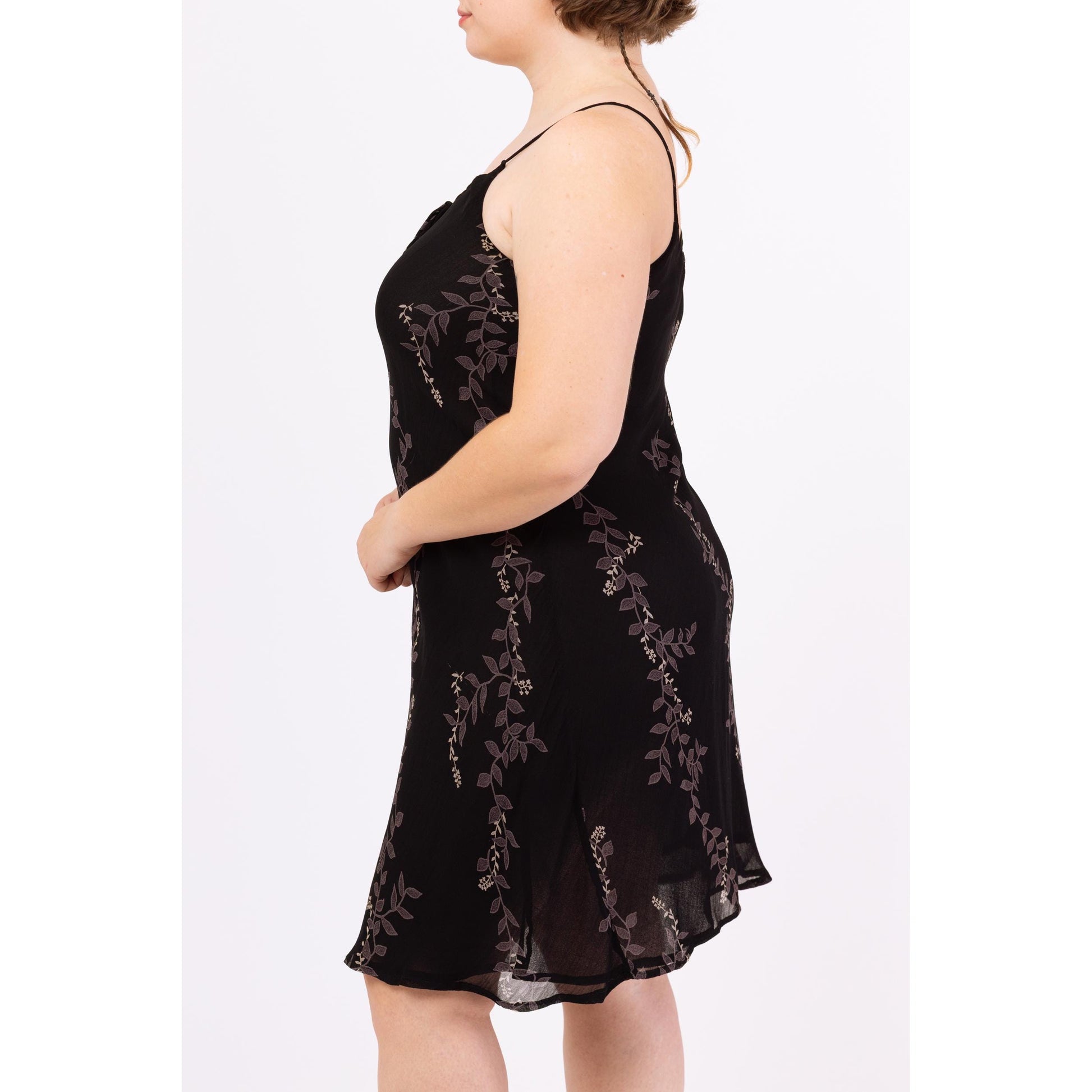Vintage 90s Black Vine Print Bias Cut Cocktail Dress - Large | Boho Cage Neck Spaghetti Strap Midi, Y2K Party Outfit