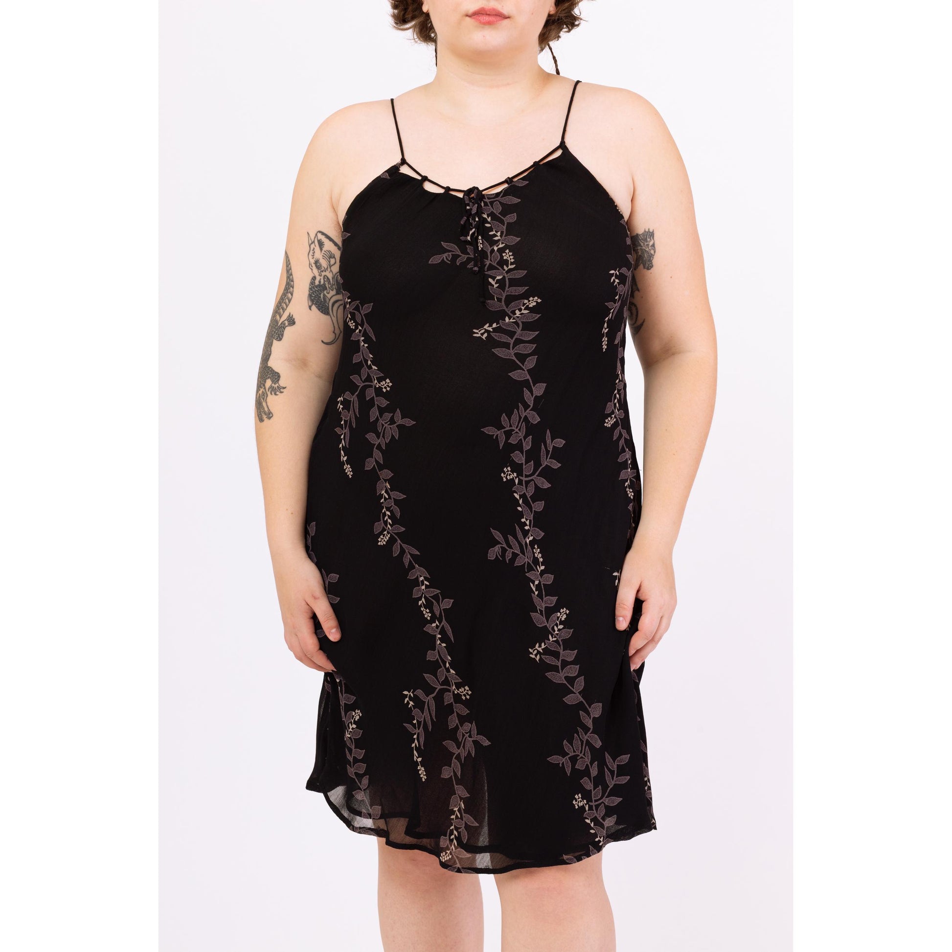 Vintage 90s Black Vine Print Bias Cut Cocktail Dress - Large | Boho Cage Neck Spaghetti Strap Midi, Y2K Party Outfit