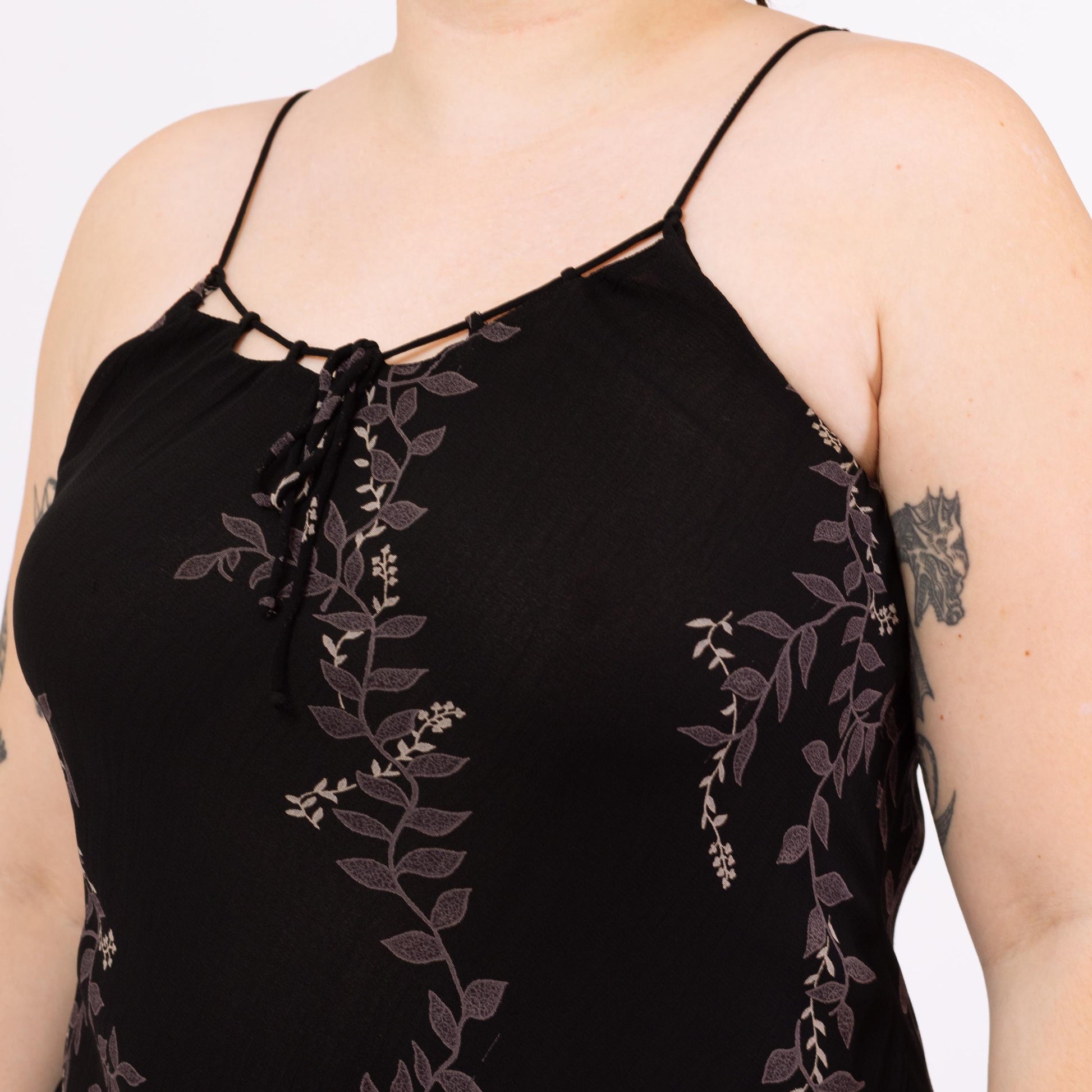 Vintage 90s Black Vine Print Bias Cut Cocktail Dress - Large | Boho Cage Neck Spaghetti Strap Midi, Y2K Party Outfit
