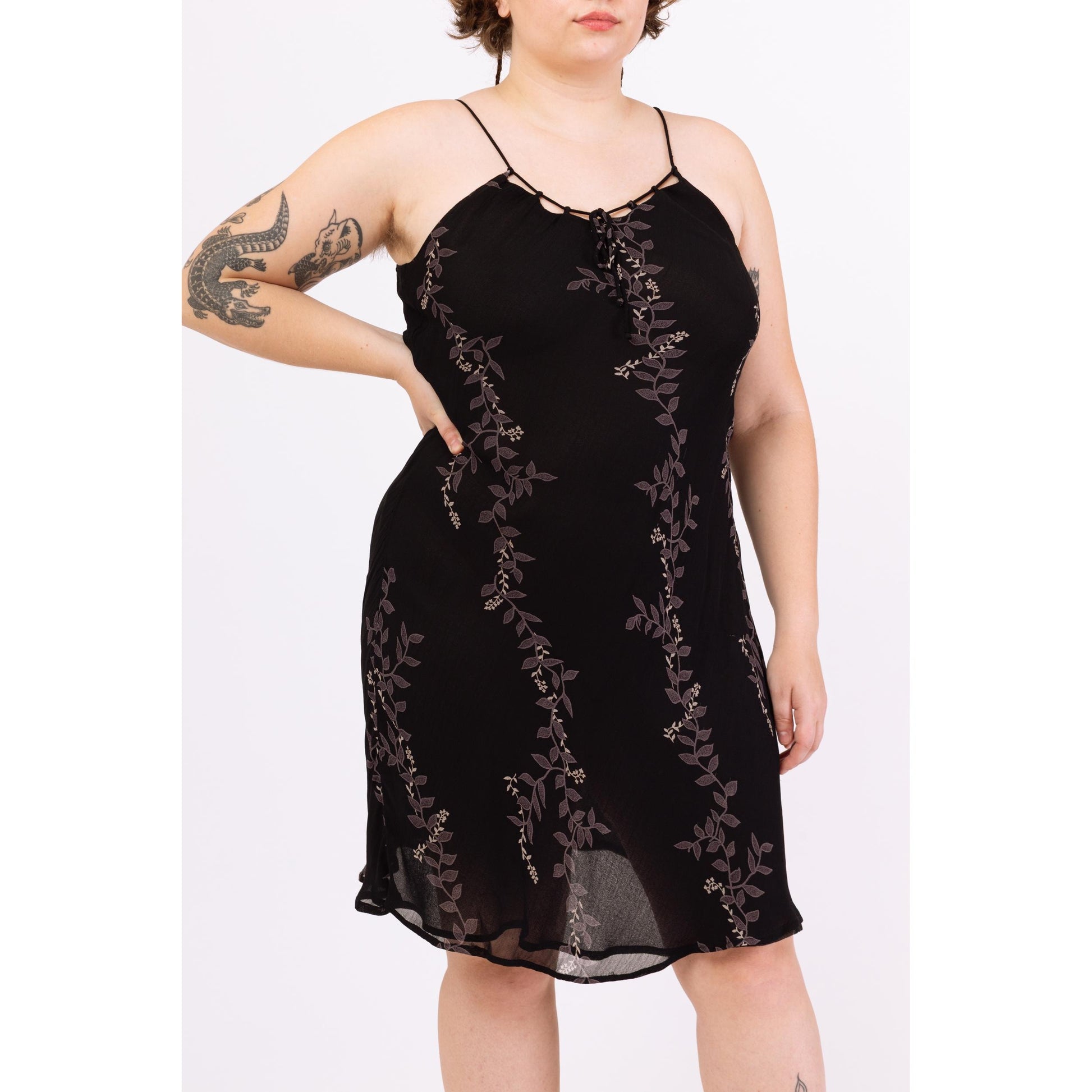 Vintage 90s Black Vine Print Bias Cut Cocktail Dress - Large | Boho Cage Neck Spaghetti Strap Midi, Y2K Party Outfit