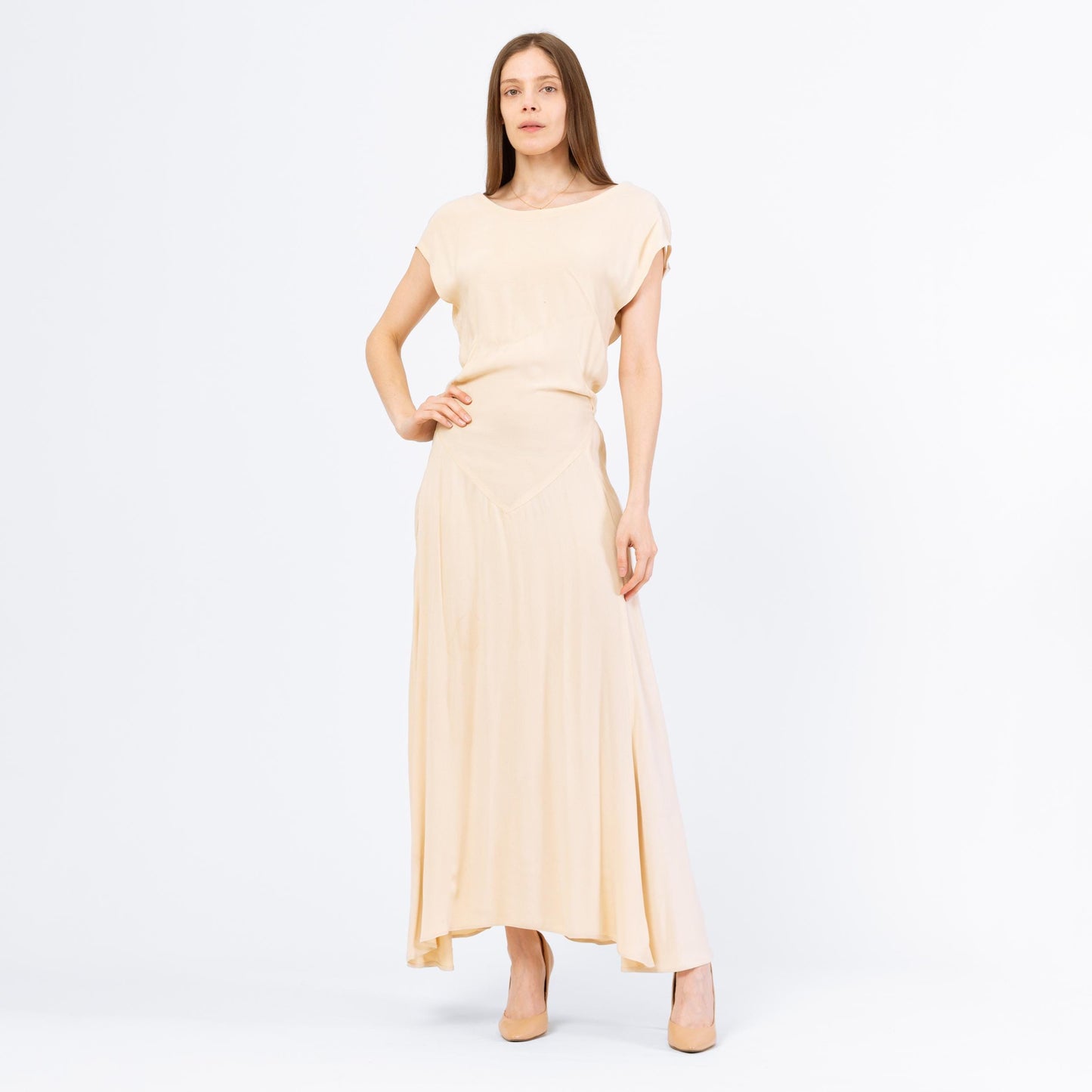 Vintage 1930s Cream Low Back Bias Cut Evening Gown - XS to Small | 30s Old Hollywood Style Deco Drop Waist Cowl Draped Maxi Wedding Dress