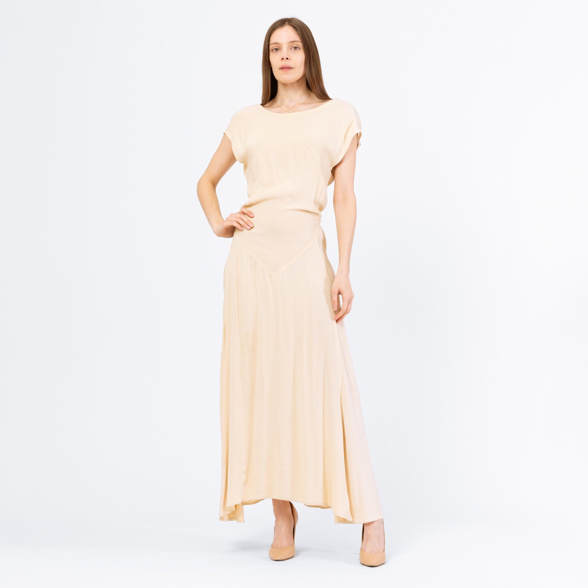 Vintage 1930s Cream Low Back Bias Cut Evening Gown - XS to Small | 30s Old Hollywood Style Deco Drop Waist Cowl Draped Maxi Wedding Dress