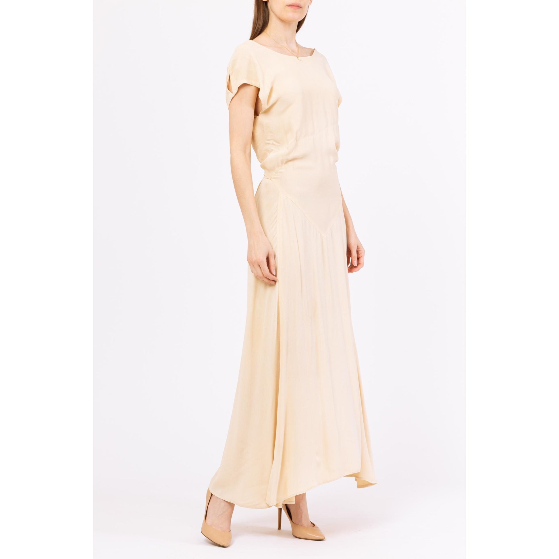 Vintage 1930s Cream Low Back Bias Cut Evening Gown - XS to Small | 30s Old Hollywood Style Deco Drop Waist Cowl Draped Maxi Wedding Dress
